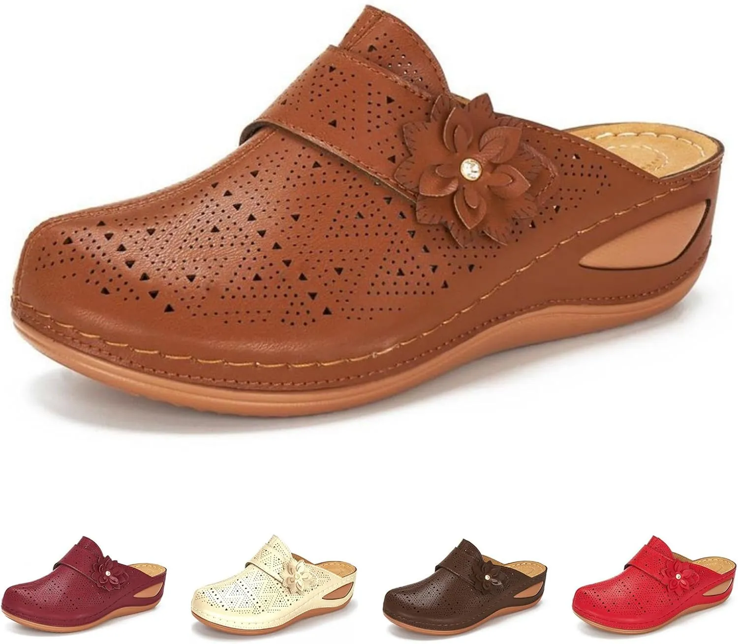 Clogs for Women Mules Shoes Comfortable Closed Toe Slip-On Backless Low Wedge Shoes Flowers Decor Walking Wedges Mules Casual Orthopedic Clog with Arch Support