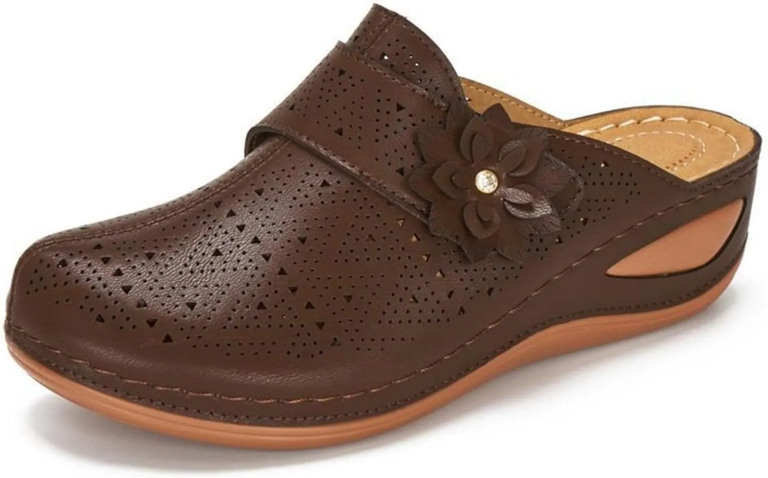 Clogs for Women Mules Shoes Comfortable Closed Toe Slip-On Backless Low Wedge Shoes Flowers Decor Walking Wedges Mules Casual Orthopedic Clog with Arch Support