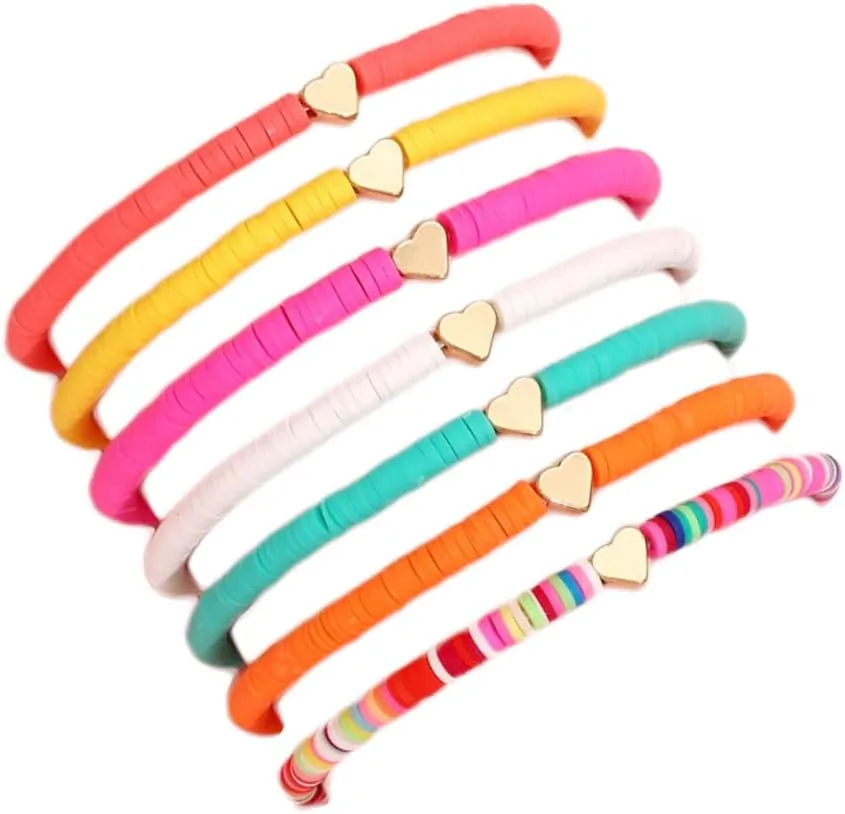 COLORFUL BLING 6Pcs/Pack Gold Beaded Bracelet Rainbow Vinyl Disc Ball Srting Stretch Heart Shaped Bracelets Cuff Bangle Set for Women Girls Jewelry