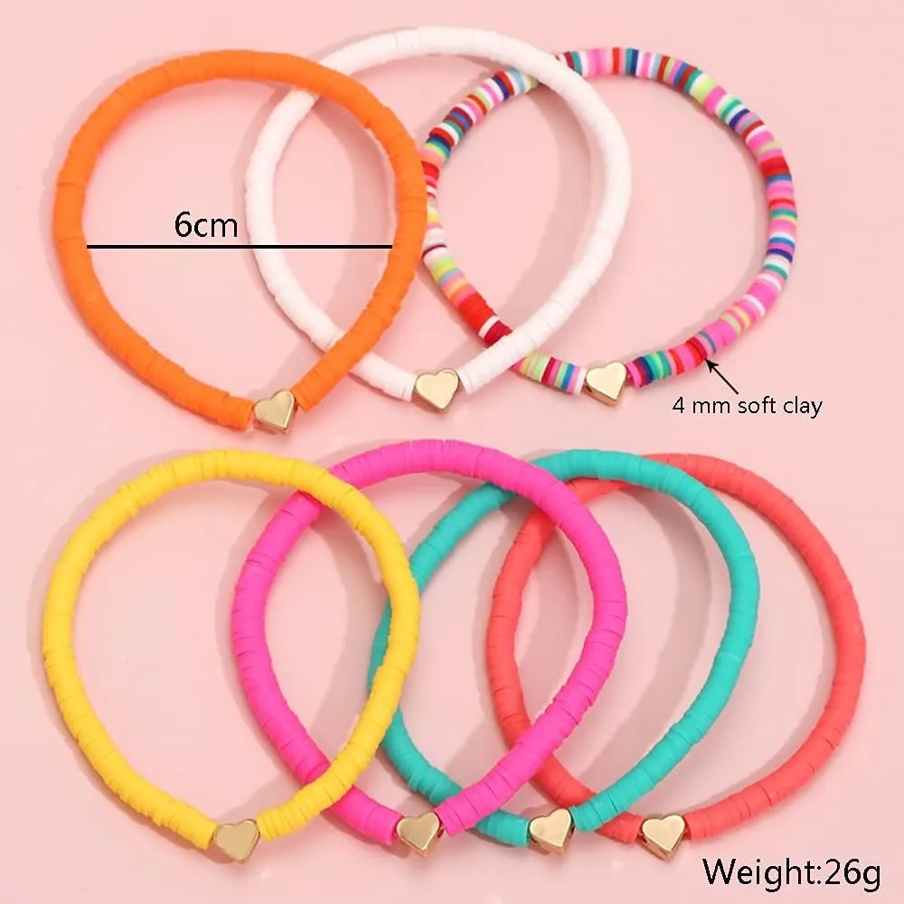 COLORFUL BLING 6Pcs/Pack Gold Beaded Bracelet Rainbow Vinyl Disc Ball Srting Stretch Heart Shaped Bracelets Cuff Bangle Set for Women Girls Jewelry