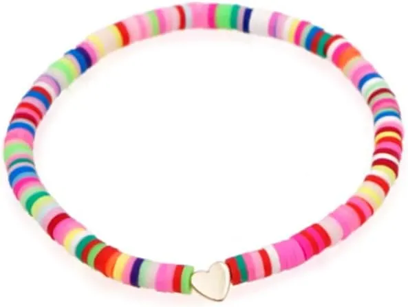 COLORFUL BLING 6Pcs/Pack Gold Beaded Bracelet Rainbow Vinyl Disc Ball Srting Stretch Heart Shaped Bracelets Cuff Bangle Set for Women Girls Jewelry