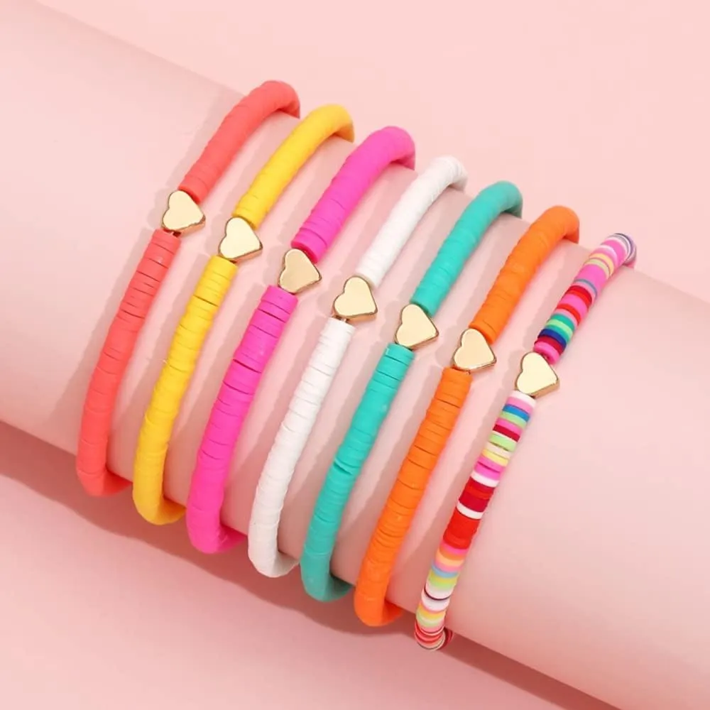 COLORFUL BLING 6Pcs/Pack Gold Beaded Bracelet Rainbow Vinyl Disc Ball Srting Stretch Heart Shaped Bracelets Cuff Bangle Set for Women Girls Jewelry