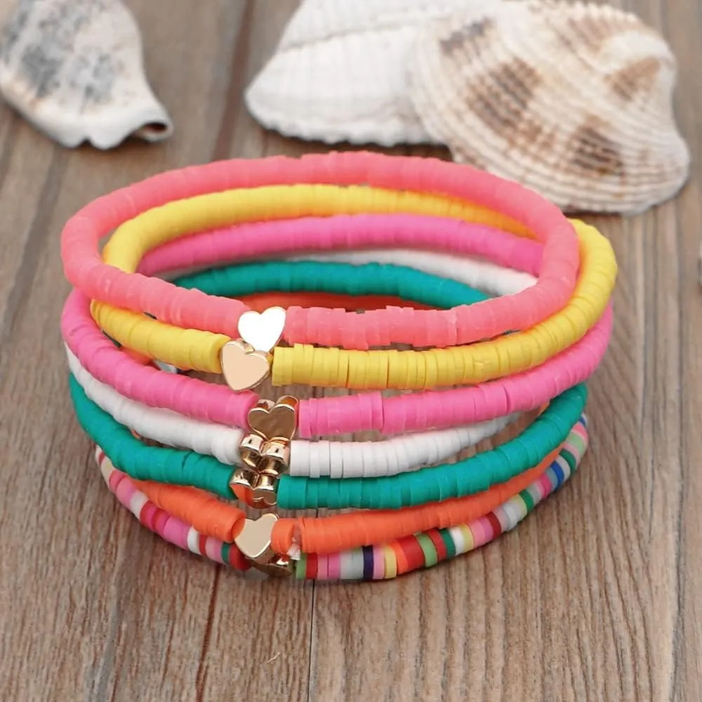 COLORFUL BLING 6Pcs/Pack Gold Beaded Bracelet Rainbow Vinyl Disc Ball Srting Stretch Heart Shaped Bracelets Cuff Bangle Set for Women Girls Jewelry