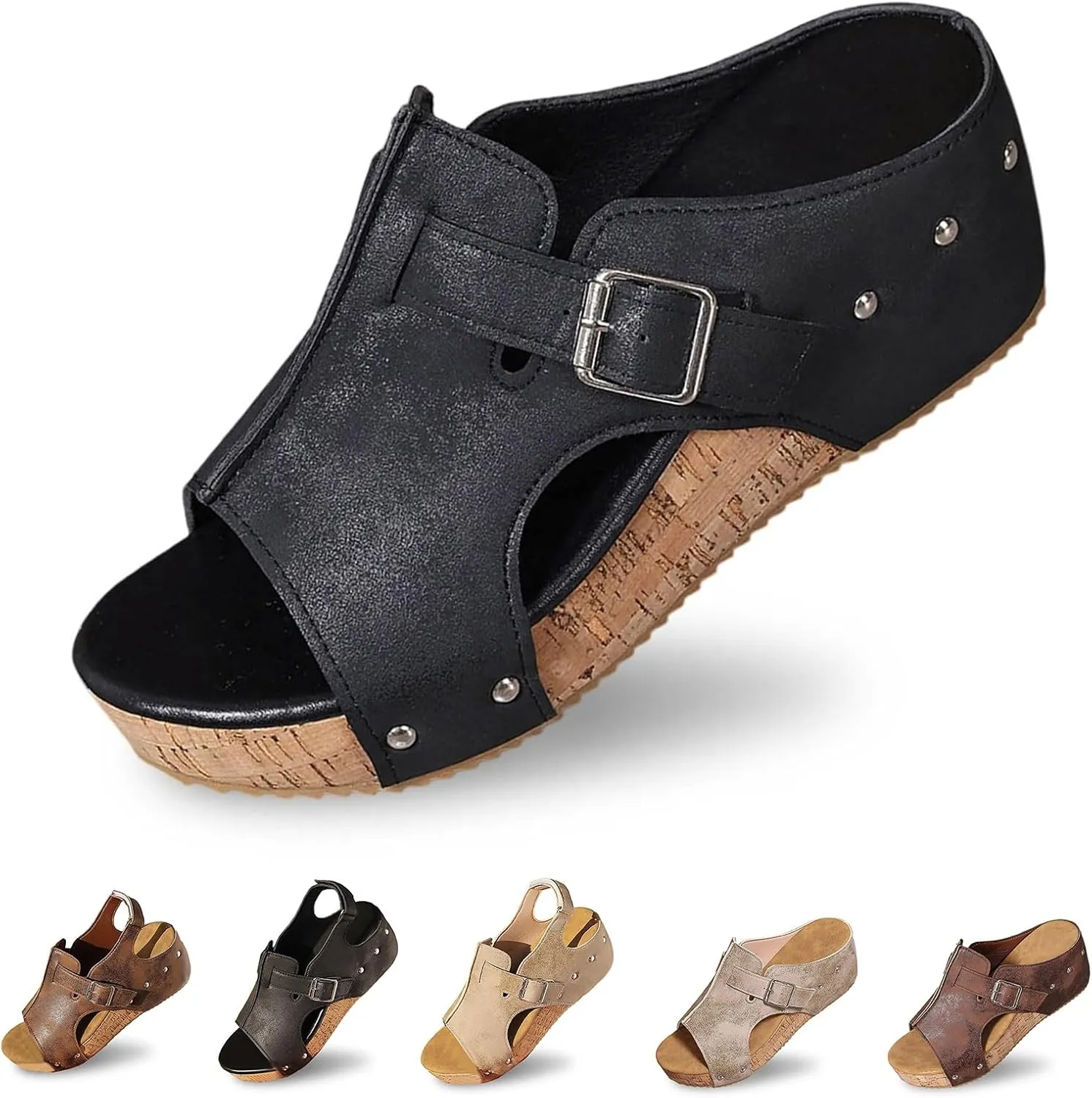 Cork Wedge Sandals for Women Dressy Leather Buckle Platform Sandals Open Toe Breathable Dress Shoes Casual Slip on Slides Beach Walking Slippers for Daily Wear