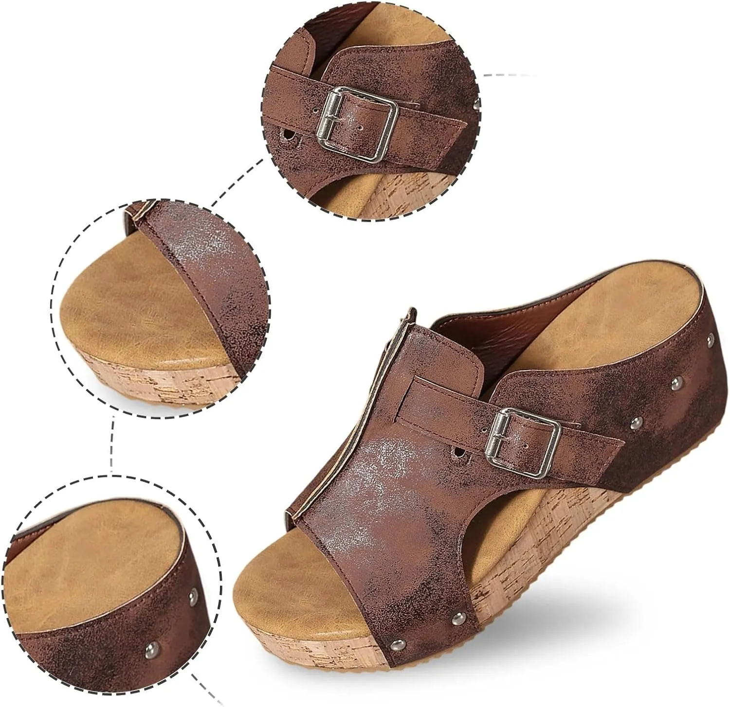 Cork Wedge Sandals for Women Dressy Leather Buckle Platform Sandals Open Toe Breathable Dress Shoes Casual Slip on Slides Beach Walking Slippers for Daily Wear