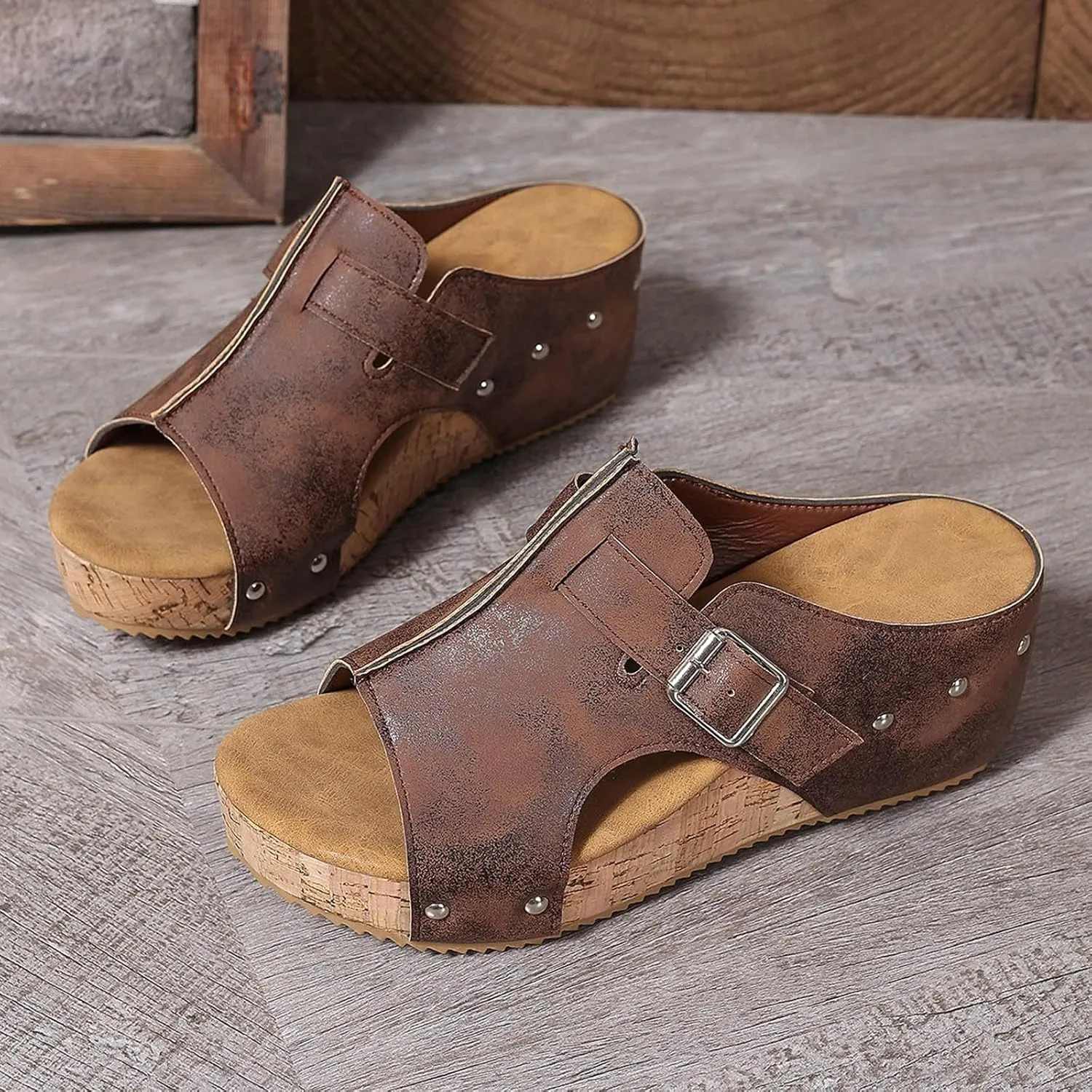 Cork Wedge Sandals for Women Dressy Leather Buckle Platform Sandals Open Toe Breathable Dress Shoes Casual Slip on Slides Beach Walking Slippers for Daily Wear