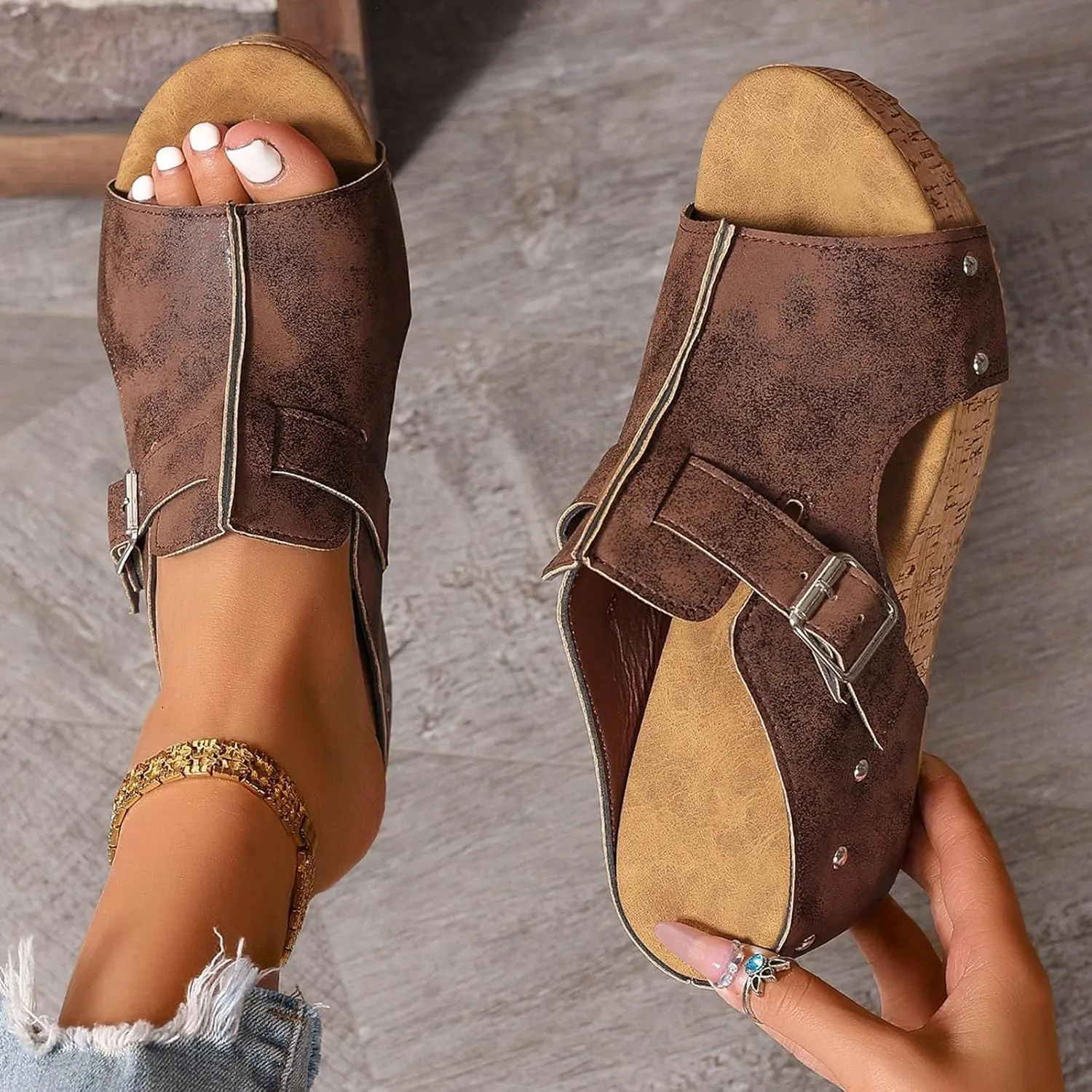 Cork Wedge Sandals for Women Dressy Leather Buckle Platform Sandals Open Toe Breathable Dress Shoes Casual Slip on Slides Beach Walking Slippers for Daily Wear