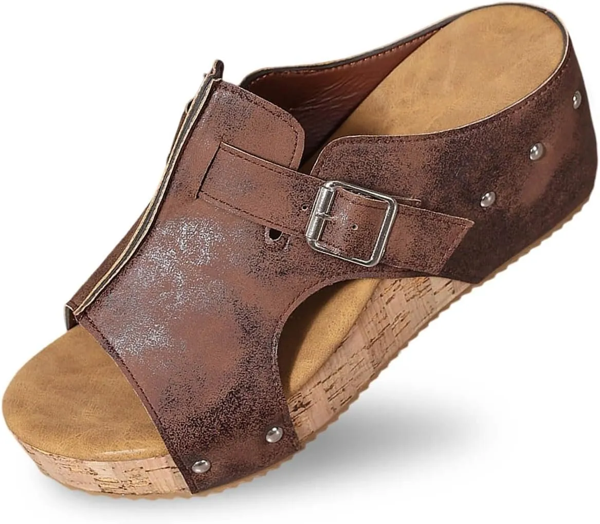 Cork Wedge Sandals for Women Dressy Leather Buckle Platform Sandals Open Toe Breathable Dress Shoes Casual Slip on Slides Beach Walking Slippers for Daily Wear