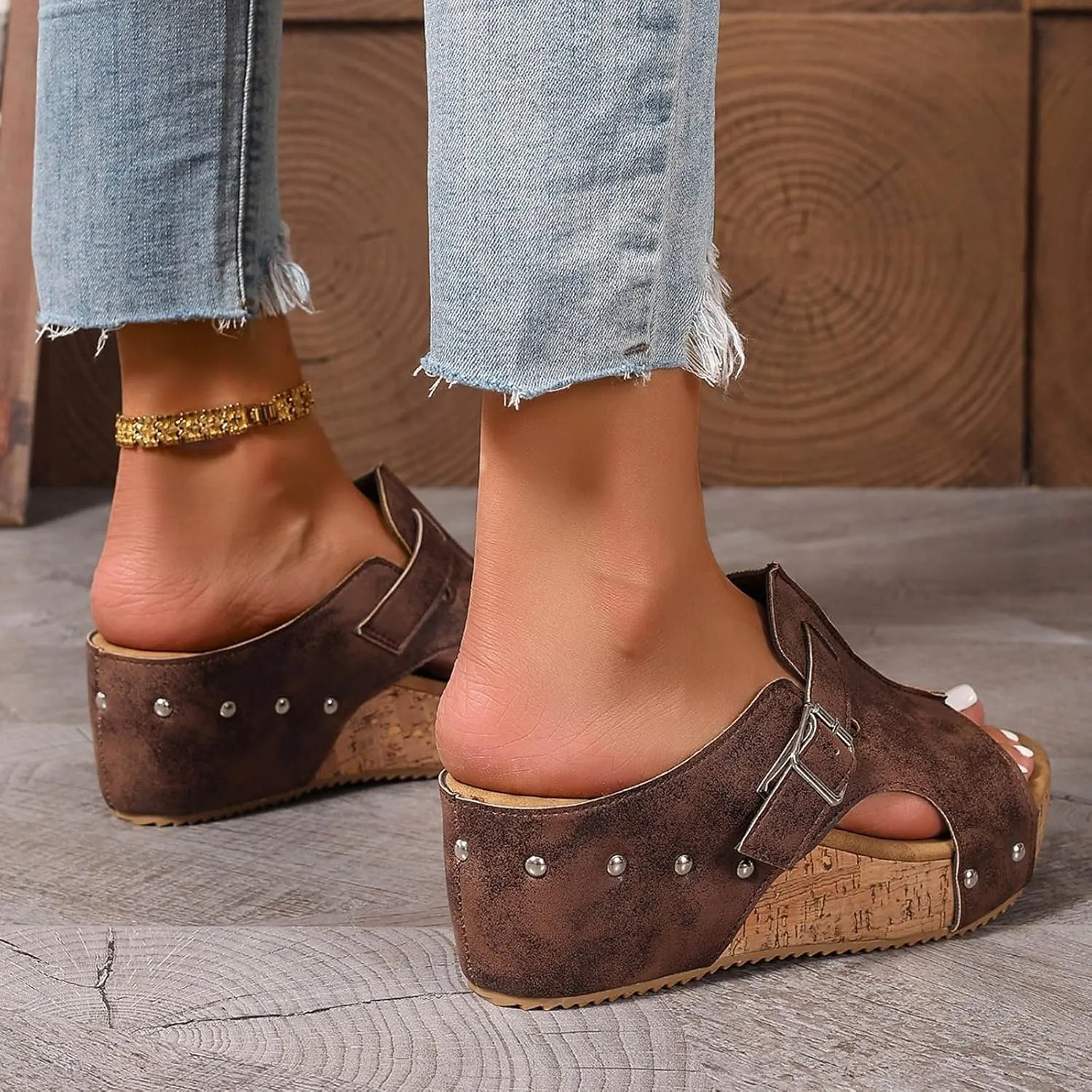 Cork Wedge Sandals for Women Dressy Leather Buckle Platform Sandals Open Toe Breathable Dress Shoes Casual Slip on Slides Beach Walking Slippers for Daily Wear