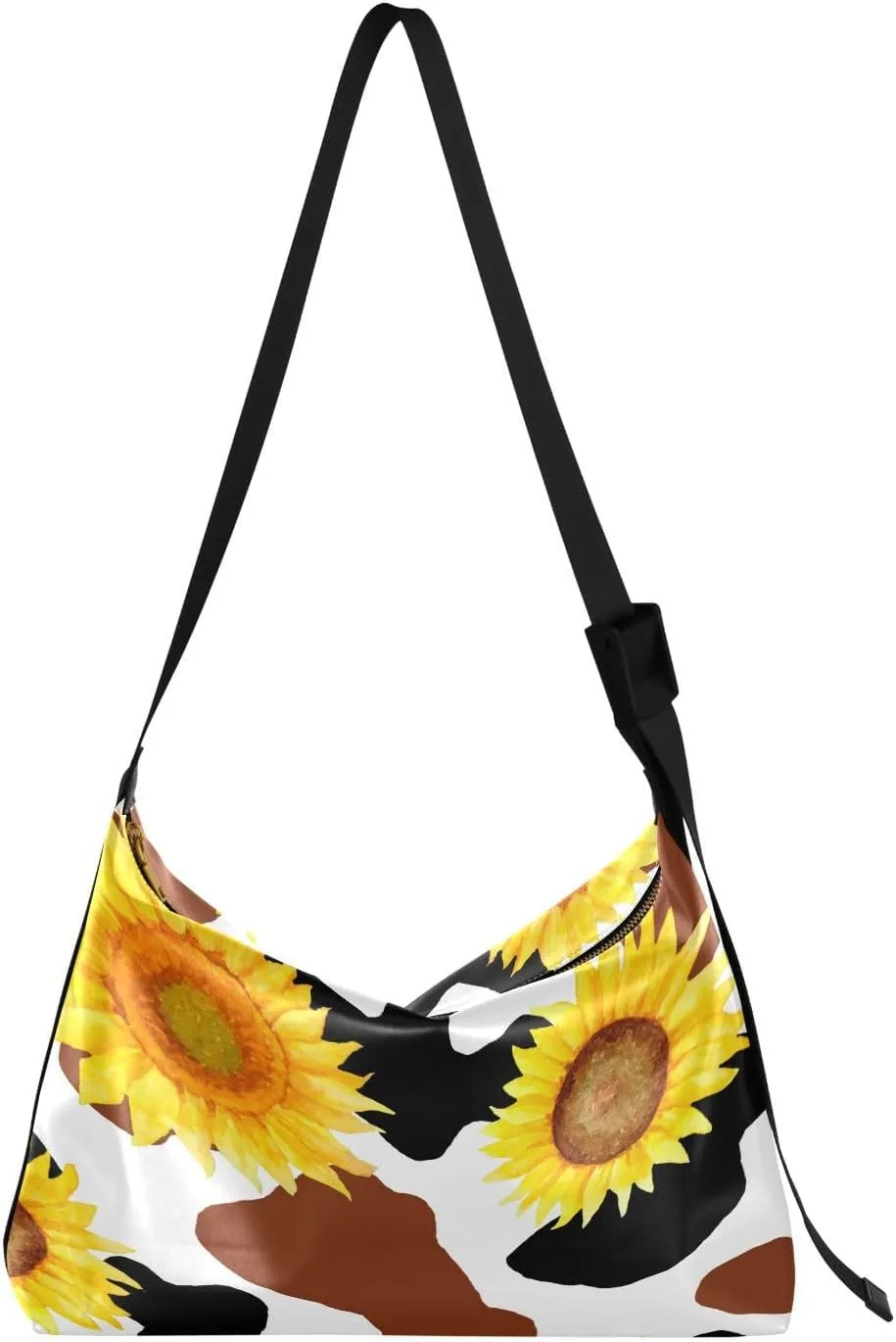 Cow Print Pattern Hobo Crossbody Bags for Women Leather Large Shoulder Bag Cross Body Yellow Sunflower Floral Trendy Womens Tote Bags Handbag for Travel Shopping