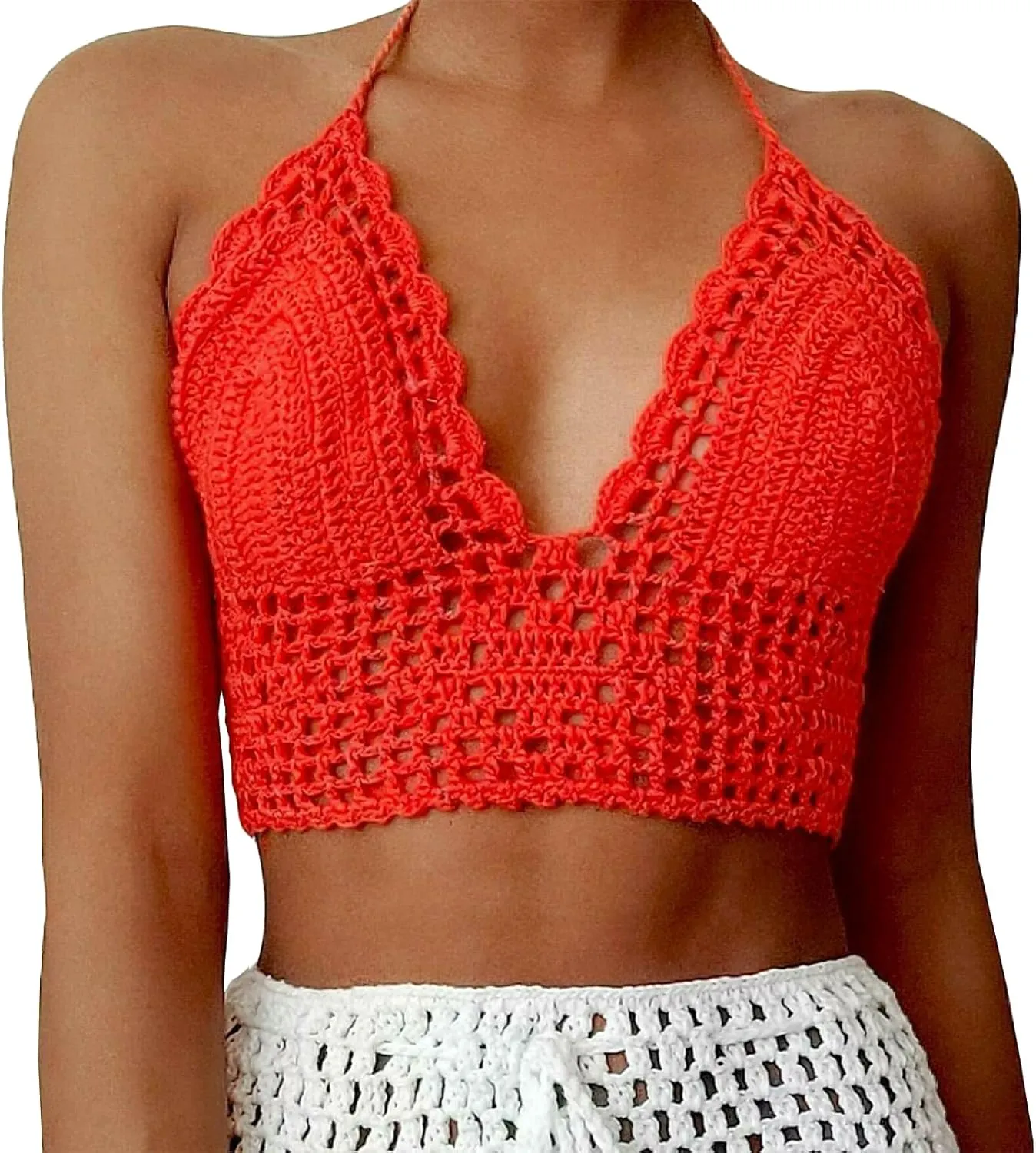 Crochet Halter Tops for Women Backless Camisole Knit Bra Tops Bralette Summer Beachwear