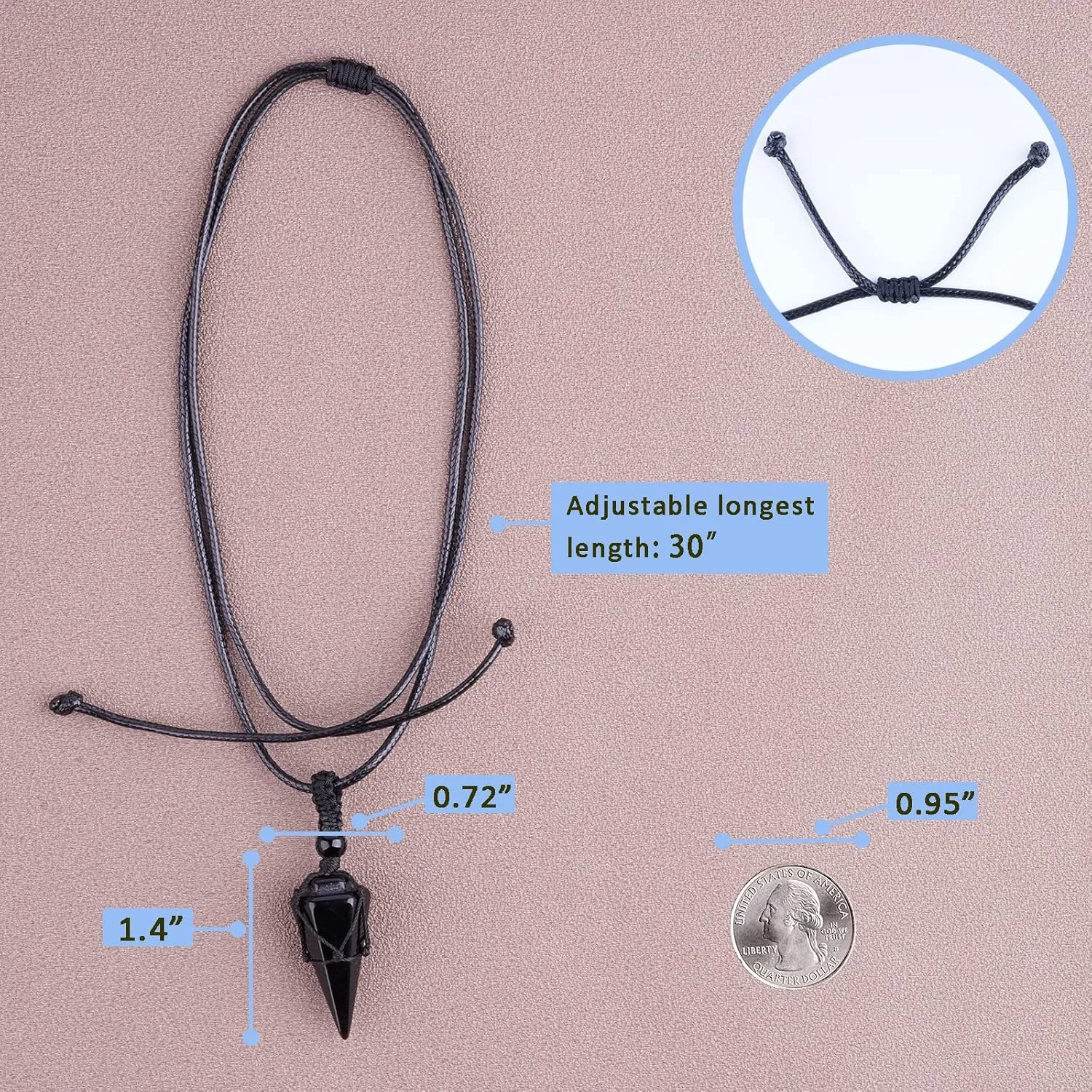 Crystal Necklace Reiki Healing Crystal Stone 6 Facet Pointed Pendant with Adjustable Rope Natural Quartz Gemstone Necklaces Jewelry for Women Men
