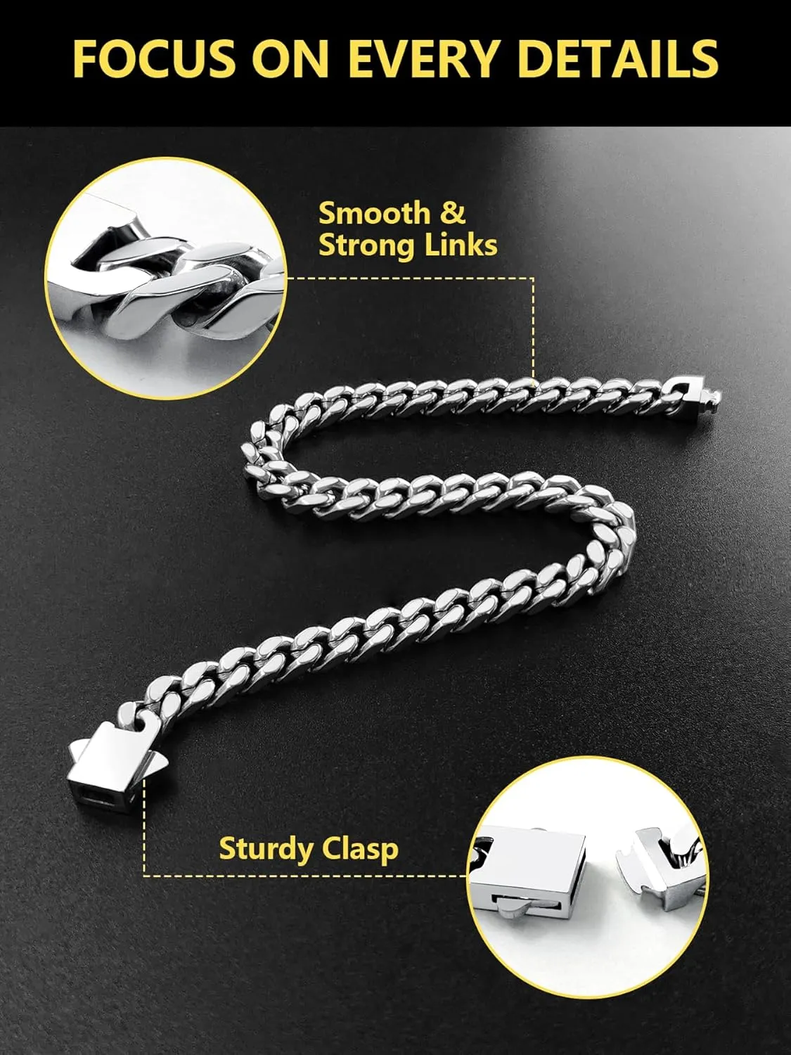 Cuban Link Chain Bracelet for Men, 5/7/9/13mm Width, 7.5/8.3/9 Inch Length,18K Gold/Black Plated/Stainless Steel Curb Wrist Chain for Men