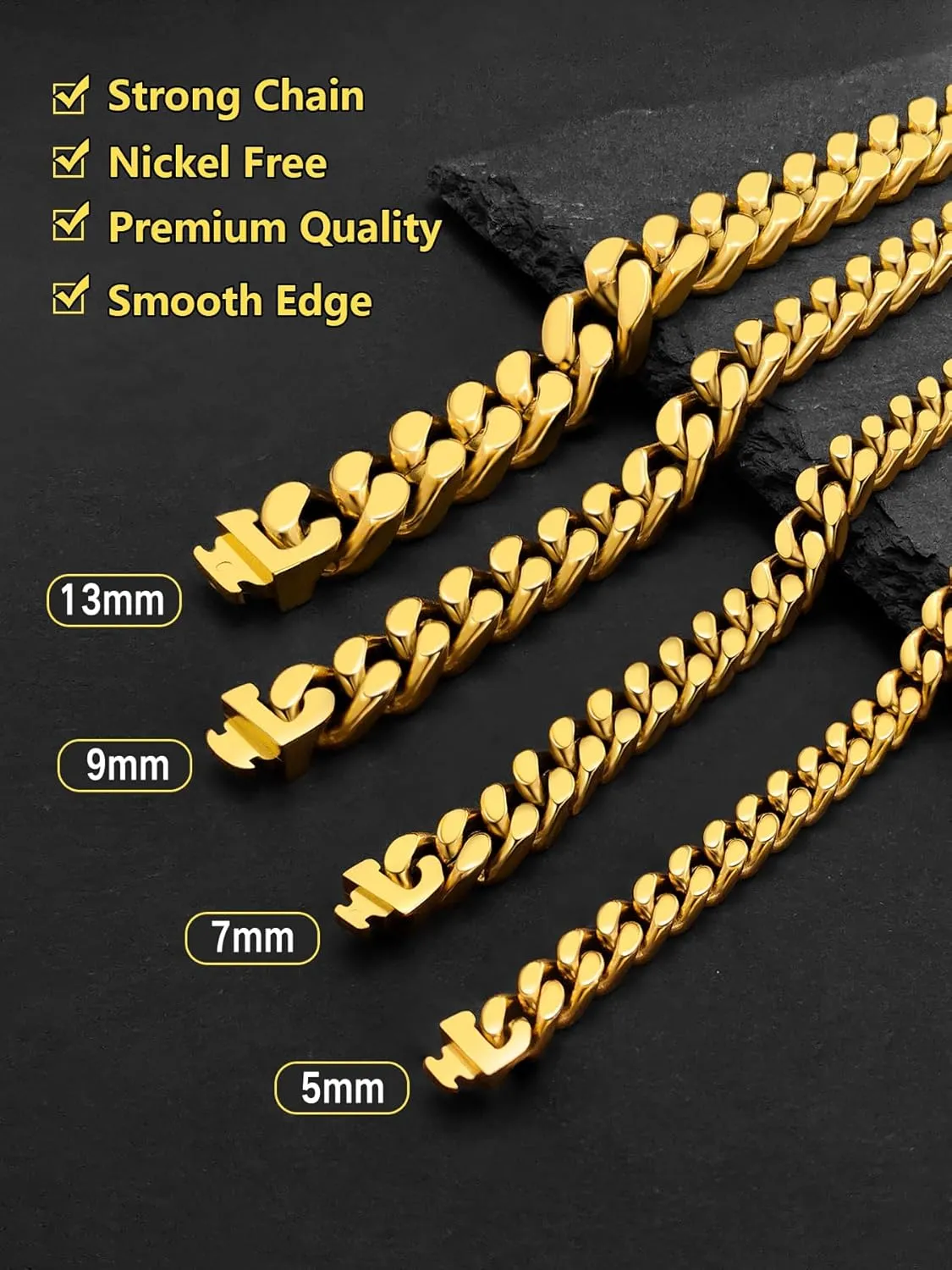 Cuban Link Chain Bracelet for Men, 5/7/9/13mm Width, 7.5/8.3/9 Inch Length,18K Gold/Black Plated/Stainless Steel Curb Wrist Chain for Men