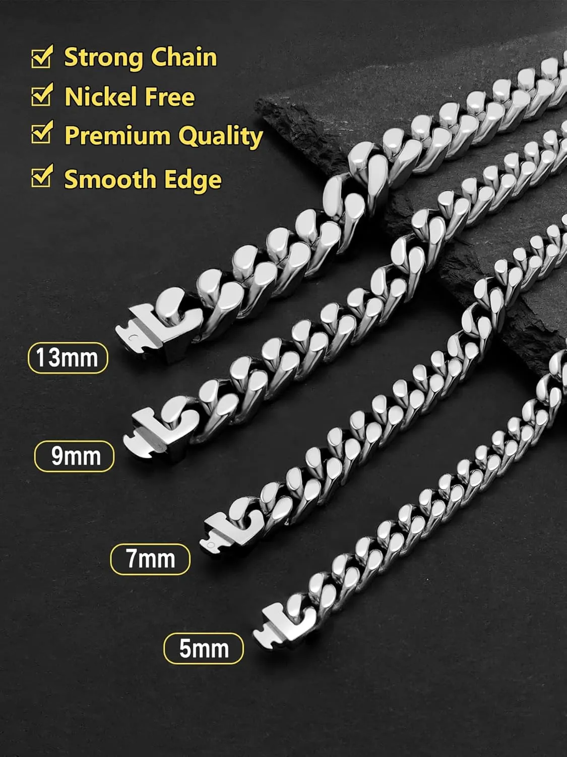 Cuban Link Chain Bracelet for Men, 5/7/9/13mm Width, 7.5/8.3/9 Inch Length,18K Gold/Black Plated/Stainless Steel Curb Wrist Chain for Men