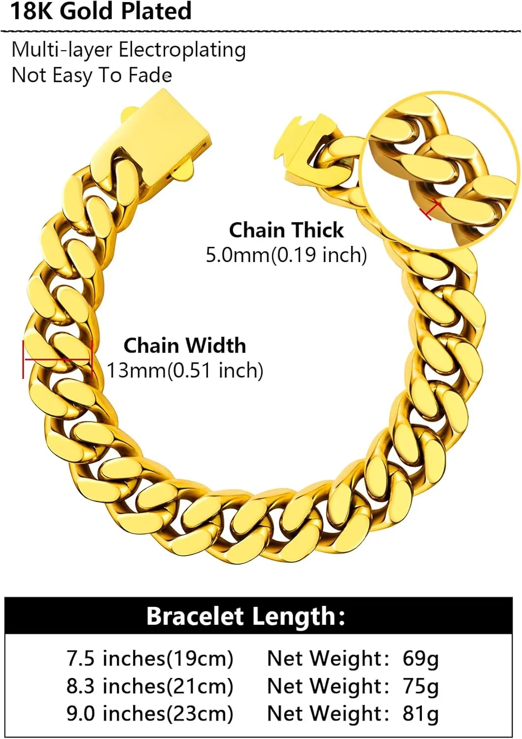 Cuban Link Chain Bracelet for Men, 5/7/9/13mm Width, 7.5/8.3/9 Inch Length,18K Gold/Black Plated/Stainless Steel Curb Wrist Chain for Men