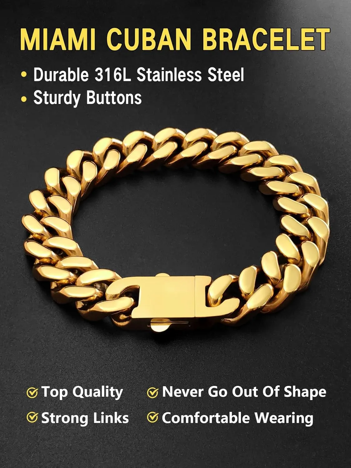 Cuban Link Chain Bracelet for Men, 5/7/9/13mm Width, 7.5/8.3/9 Inch Length,18K Gold/Black Plated/Stainless Steel Curb Wrist Chain for Men
