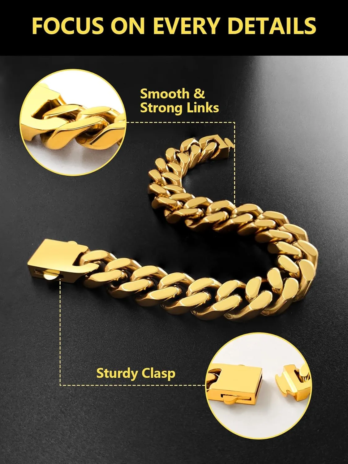 Cuban Link Chain Bracelet for Men, 5/7/9/13mm Width, 7.5/8.3/9 Inch Length,18K Gold/Black Plated/Stainless Steel Curb Wrist Chain for Men