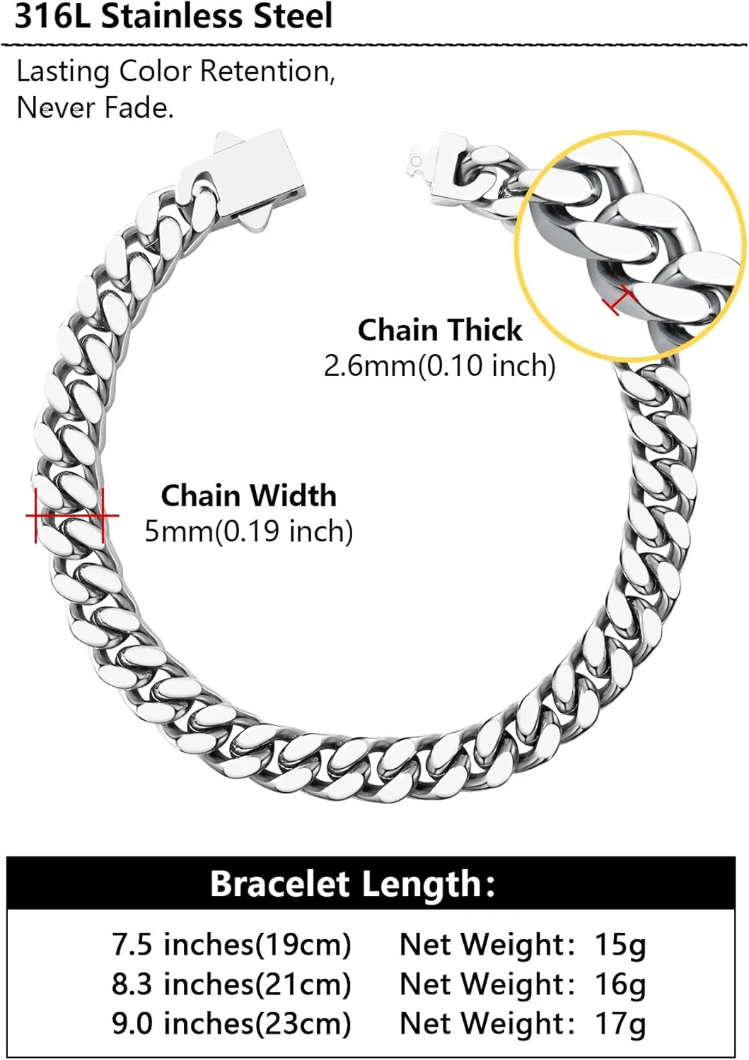 Cuban Link Chain Bracelet for Men, 5/7/9/13mm Width, 7.5/8.3/9 Inch Length,18K Gold/Black Plated/Stainless Steel Curb Wrist Chain for Men