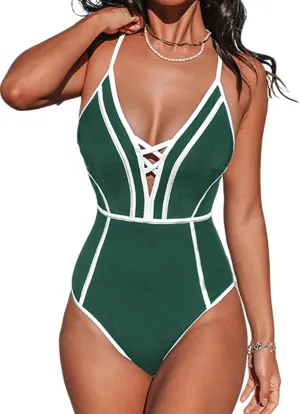 CUPSHE Women's One Piece Swimsuit Plunging V Neck Bathing Suit Crisscross Back Tie Slimming Sculpting Color Block
