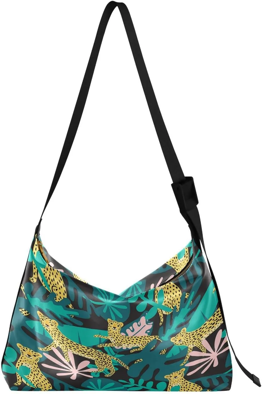 Cute Cartoon Leopards Hobo Crossbody Bags for Women Leather Large Shoulder Bag Cross Body Tropical Leaves Pattern Trendy Womens Tote Bags Handbag for Travel Shopping