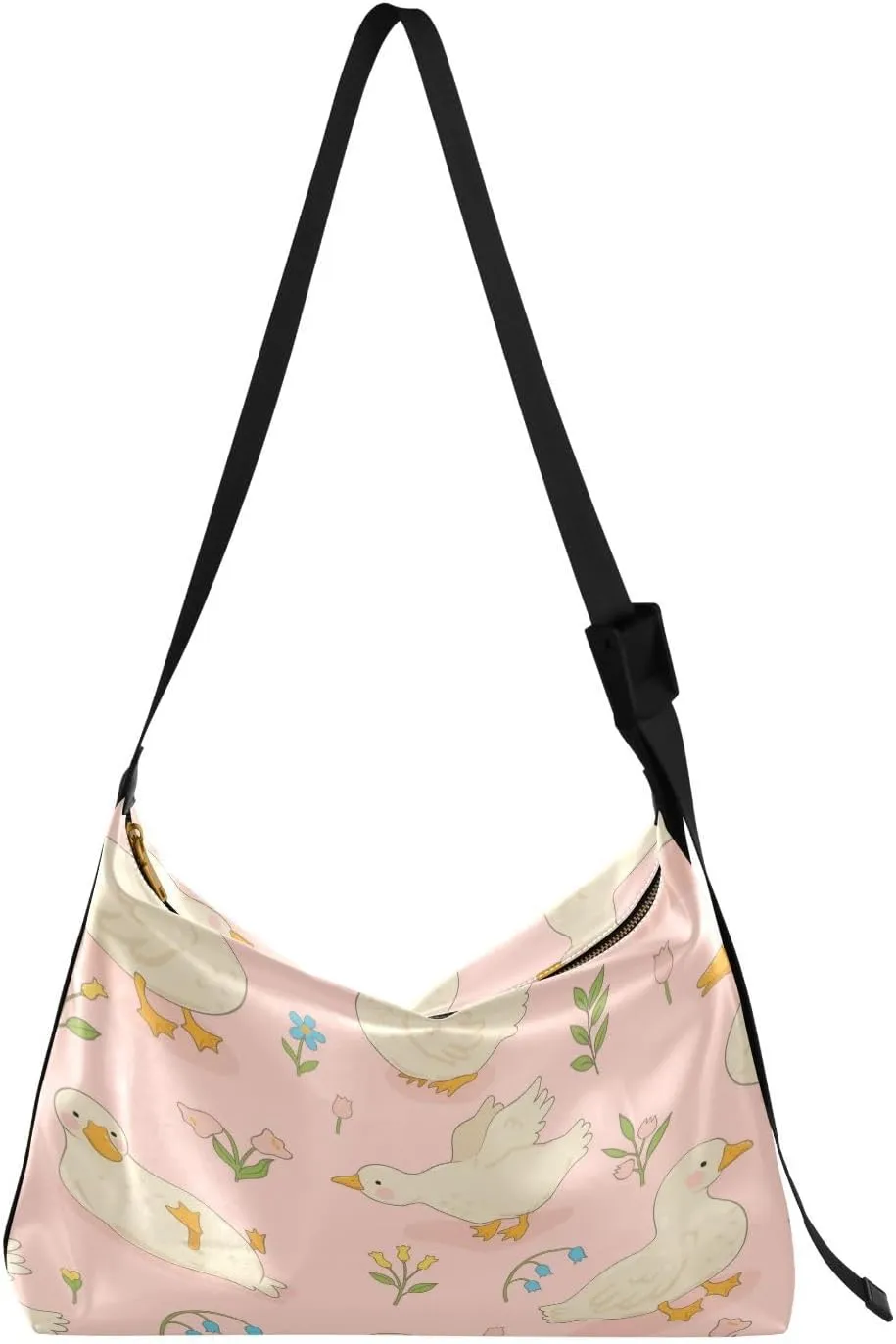 Cute White Ducks and Flowers Hobo Crossbody Bags for Women Leather Large Shoulder Bag Cross Body Trendy Womens Tote Bags Handbag for Travel Shopping