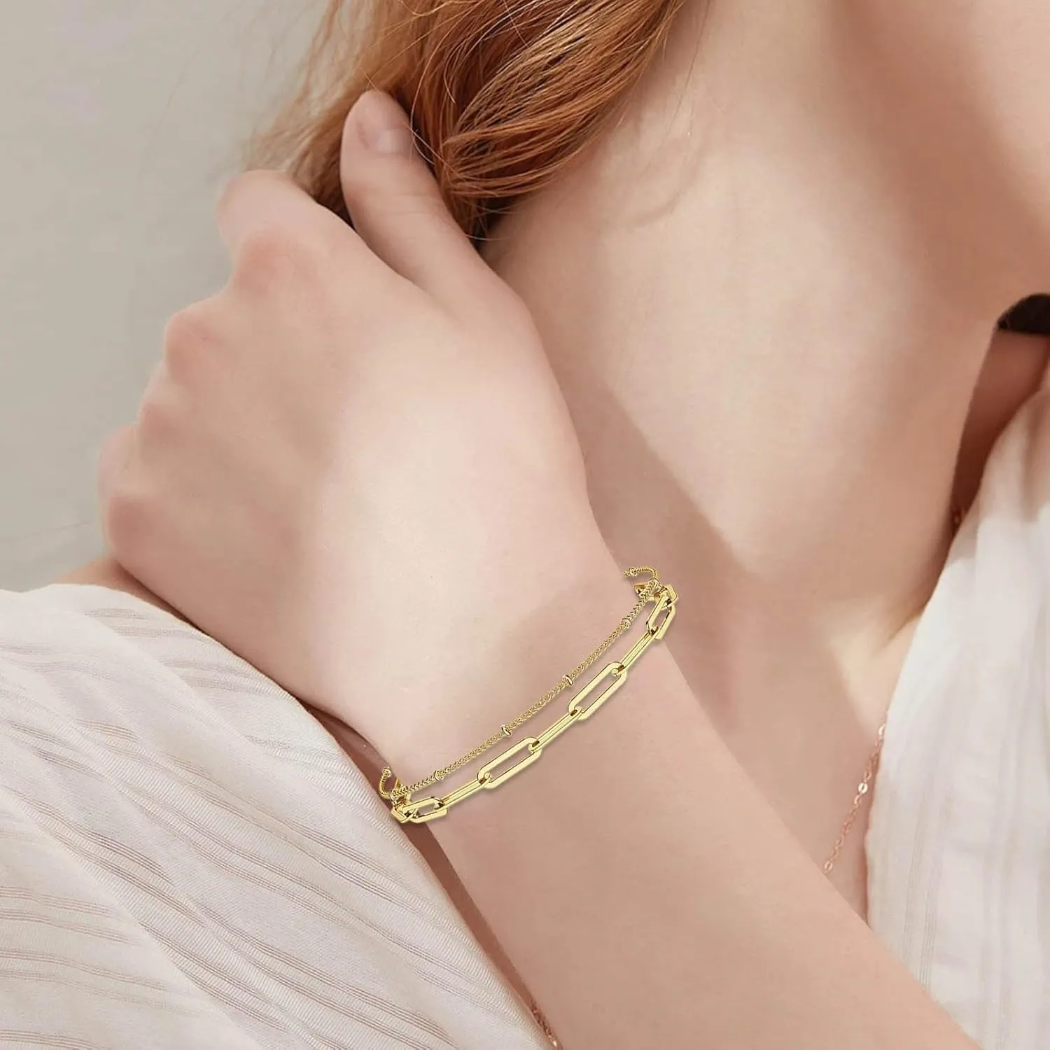 Dainty Bracelets For Women 14K Gold Bracelets For Women Adjustable Bracelet Layered Bracelet Paperclip Link Chain Cute Bracelet For Women Gift Jewelry