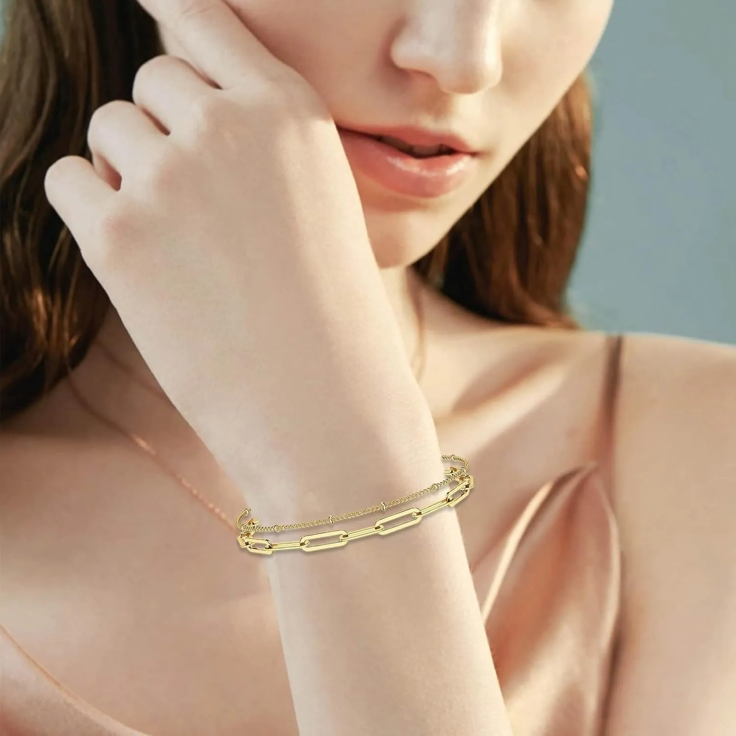 Dainty Bracelets For Women 14K Gold Bracelets For Women Adjustable Bracelet Layered Bracelet Paperclip Link Chain Cute Bracelet For Women Gift Jewelry