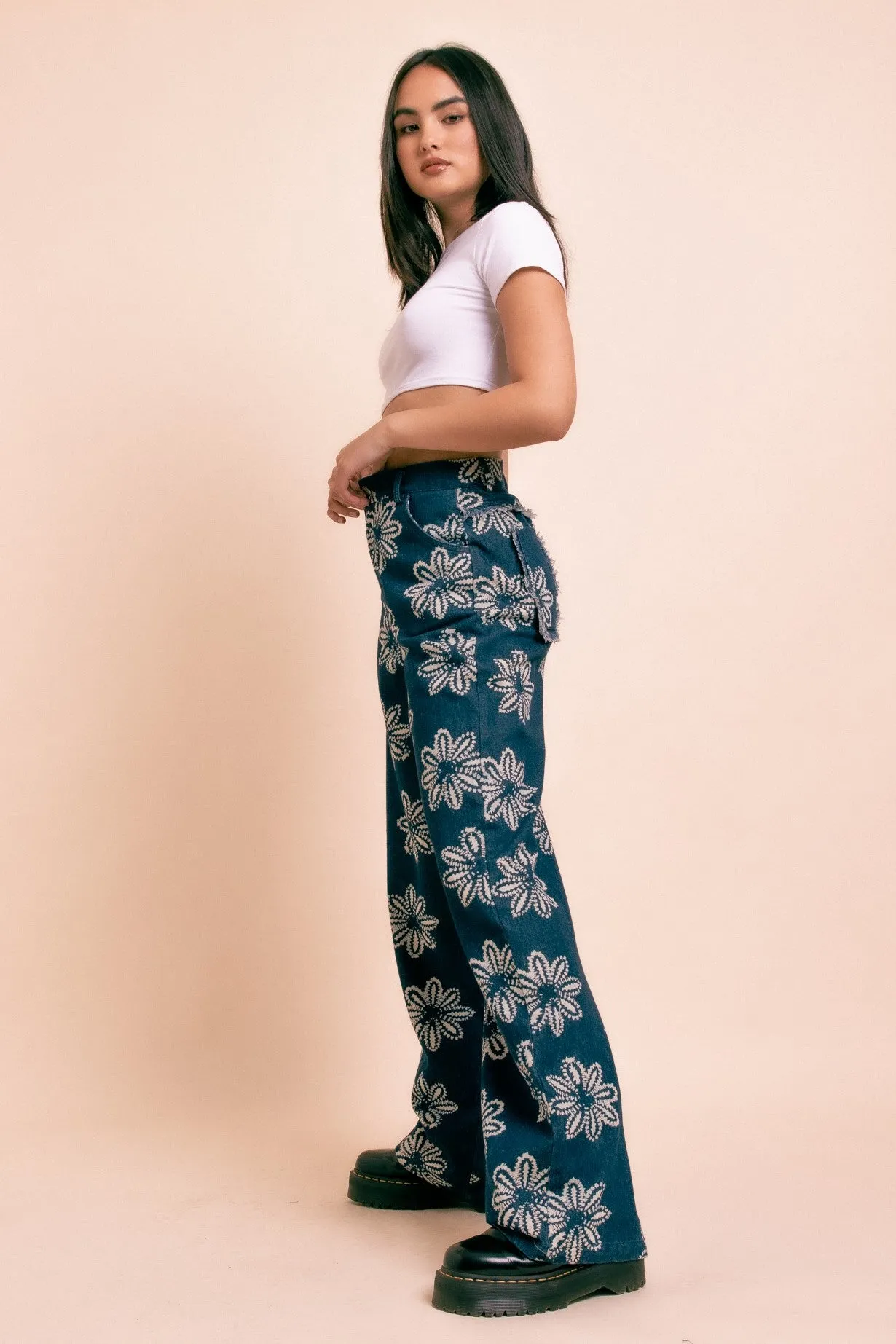 Daisy Street Wide Leg Printed Denim Jeans