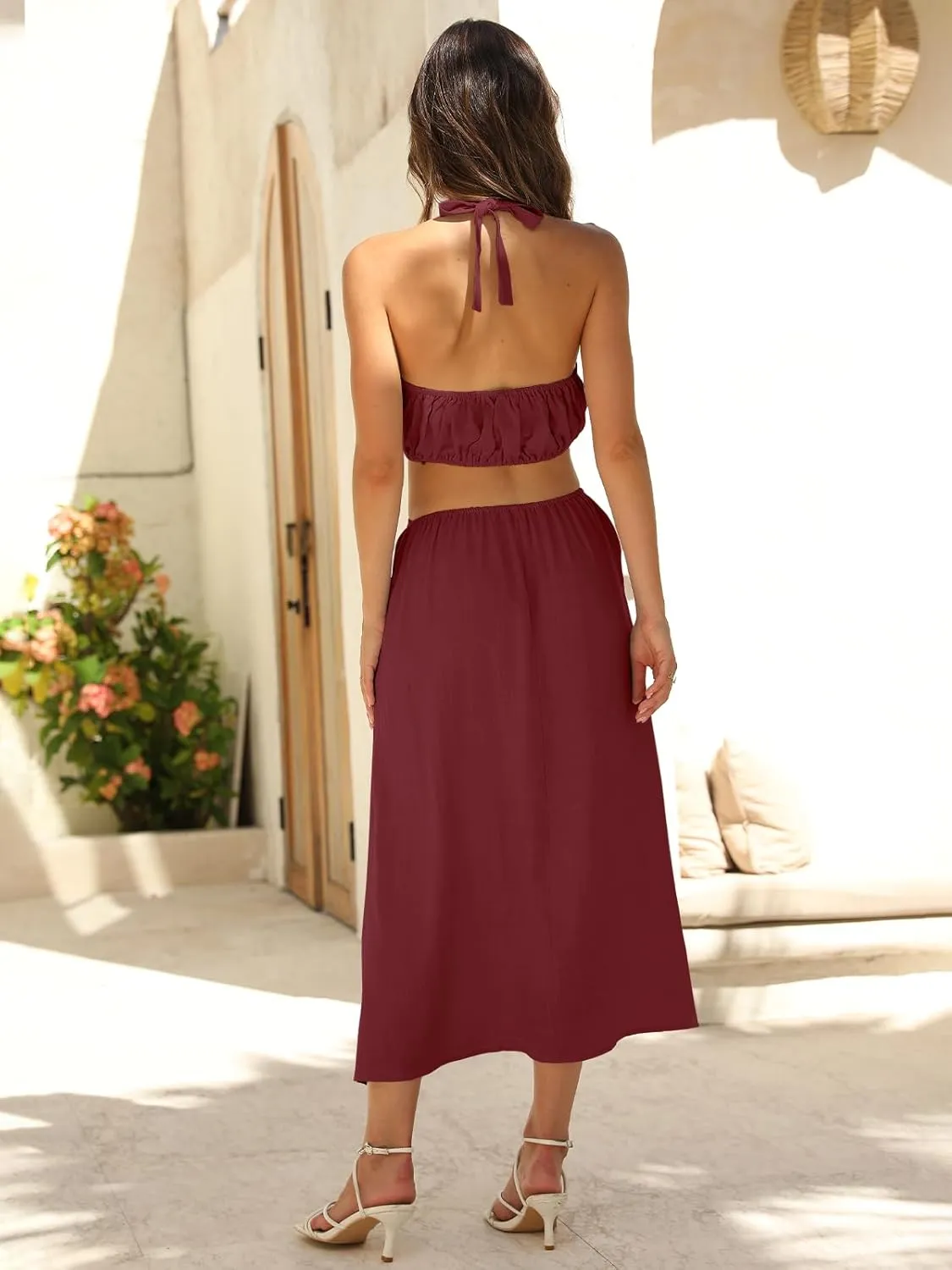 DEEP SELF Women's Summer Midi Dress Sleeveless Halter Neck Long Dress Casul A Line Sun Dresses