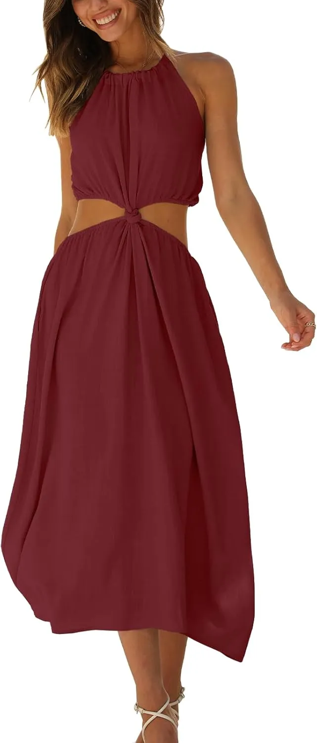DEEP SELF Women's Summer Midi Dress Sleeveless Halter Neck Long Dress Casul A Line Sun Dresses