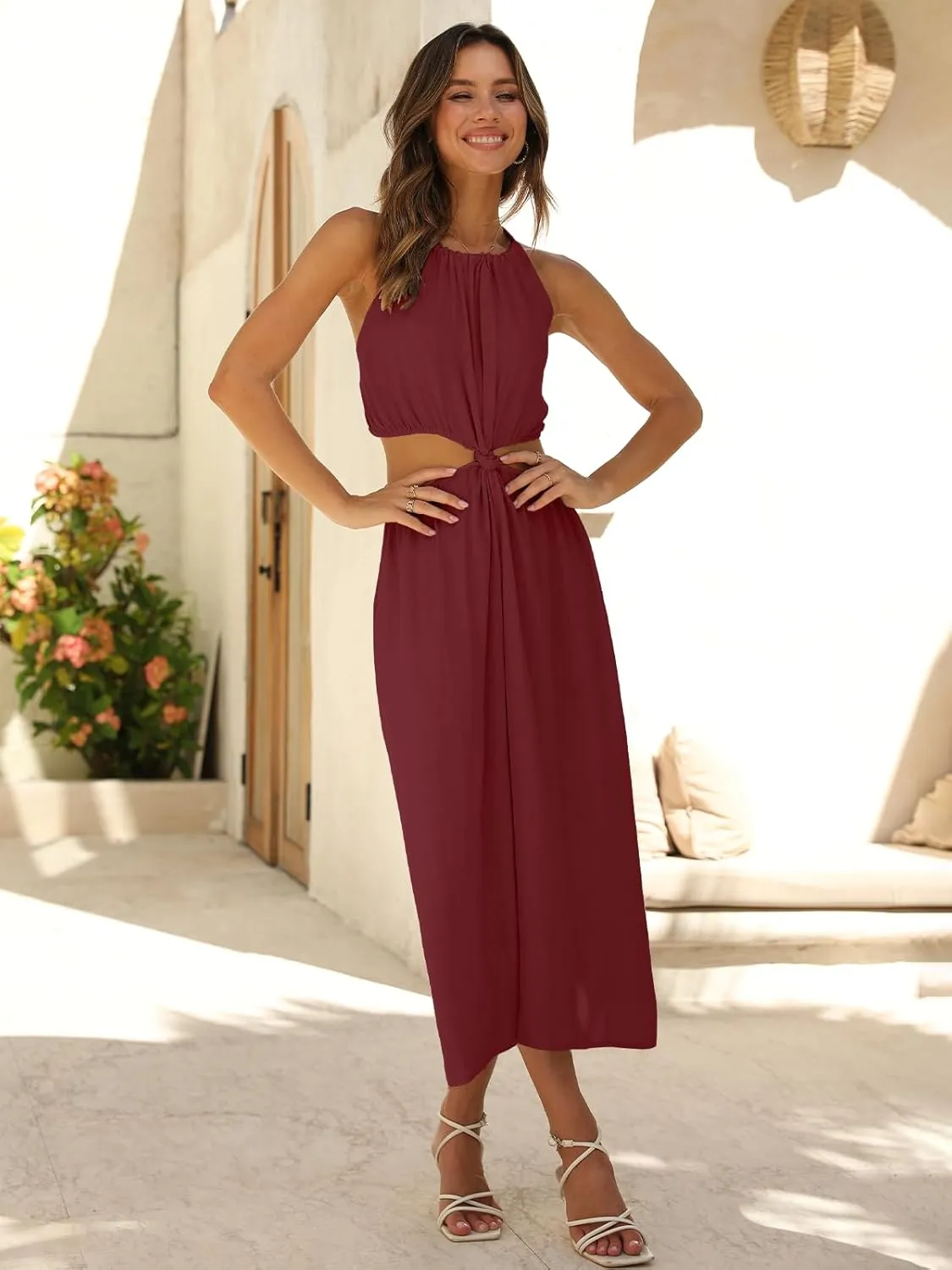 DEEP SELF Women's Summer Midi Dress Sleeveless Halter Neck Long Dress Casul A Line Sun Dresses