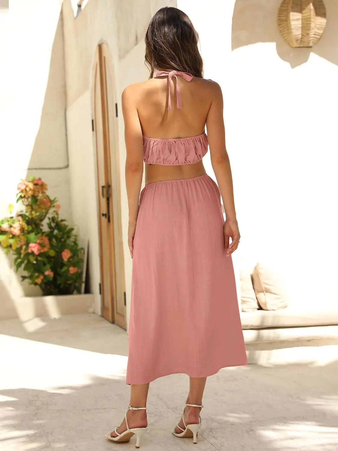 DEEP SELF Women's Summer Midi Dress Sleeveless Halter Neck Long Dress Casul A Line Sun Dresses