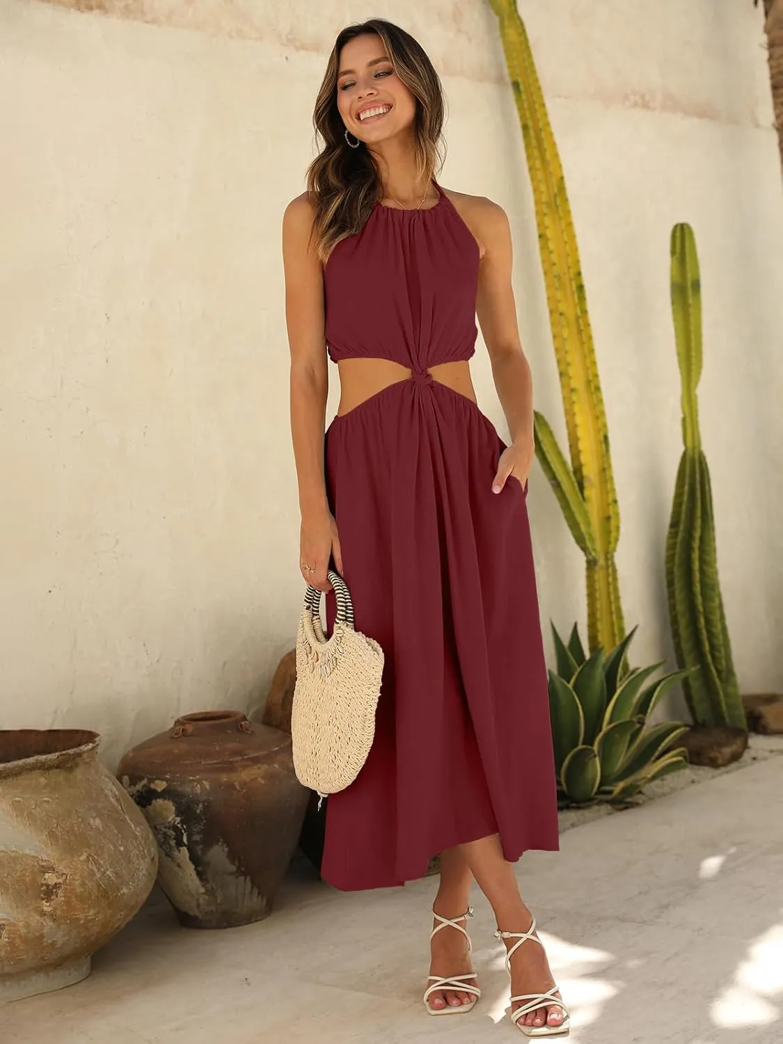 DEEP SELF Women's Summer Midi Dress Sleeveless Halter Neck Long Dress Casul A Line Sun Dresses