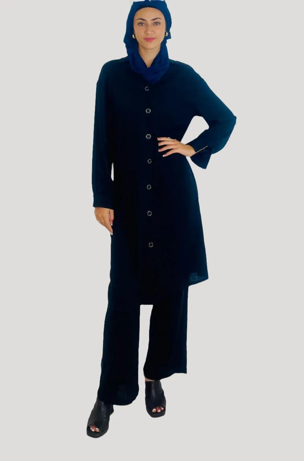 Deep V Neck Button Down Kurti And Wide Leg Trousers Traditional Coord Set