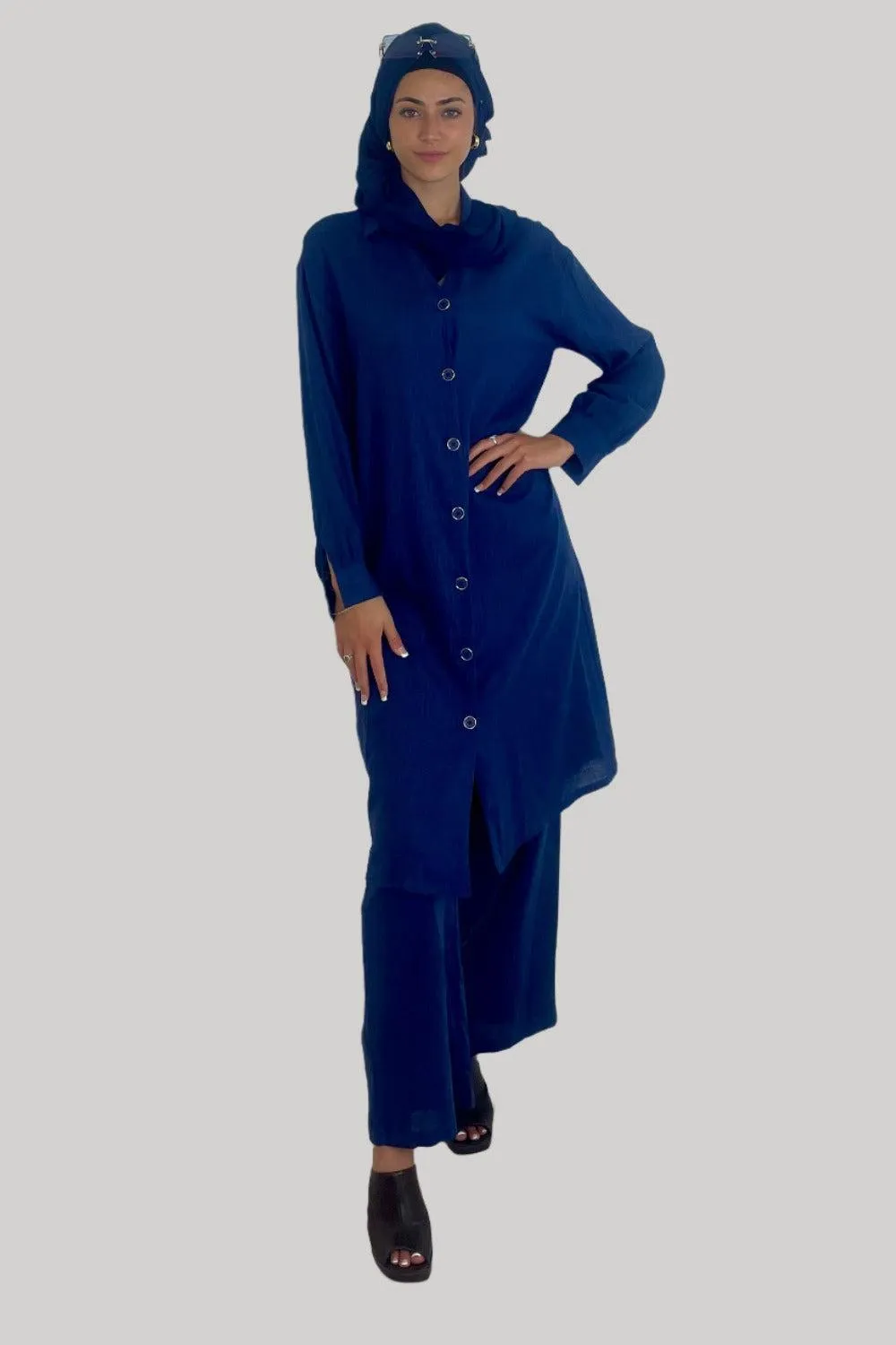 Deep V Neck Button Down Kurti And Wide Leg Trousers Traditional Coord Set
