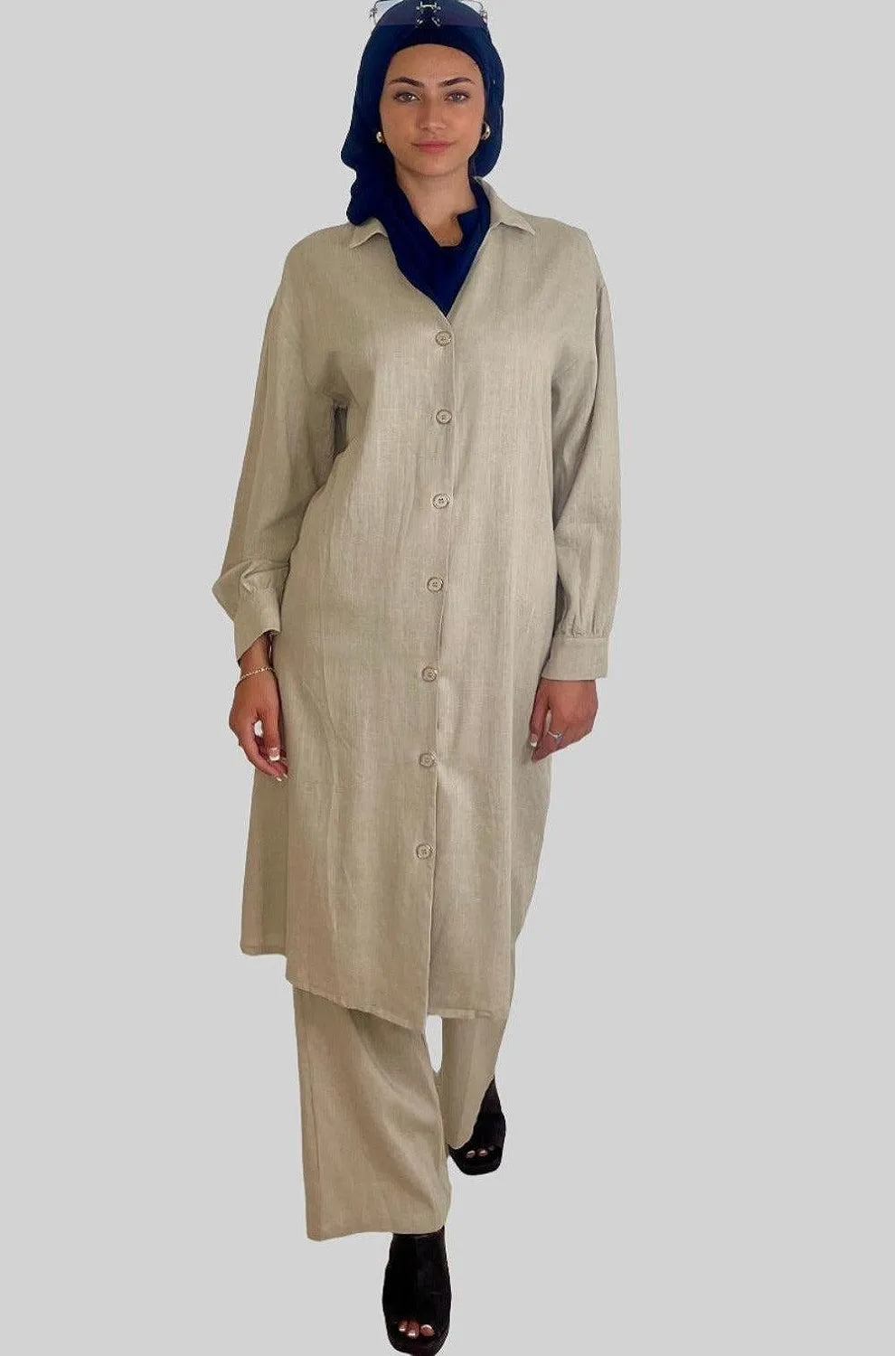 Deep V Neck Button Down Kurti And Wide Leg Trousers Traditional Coord Set