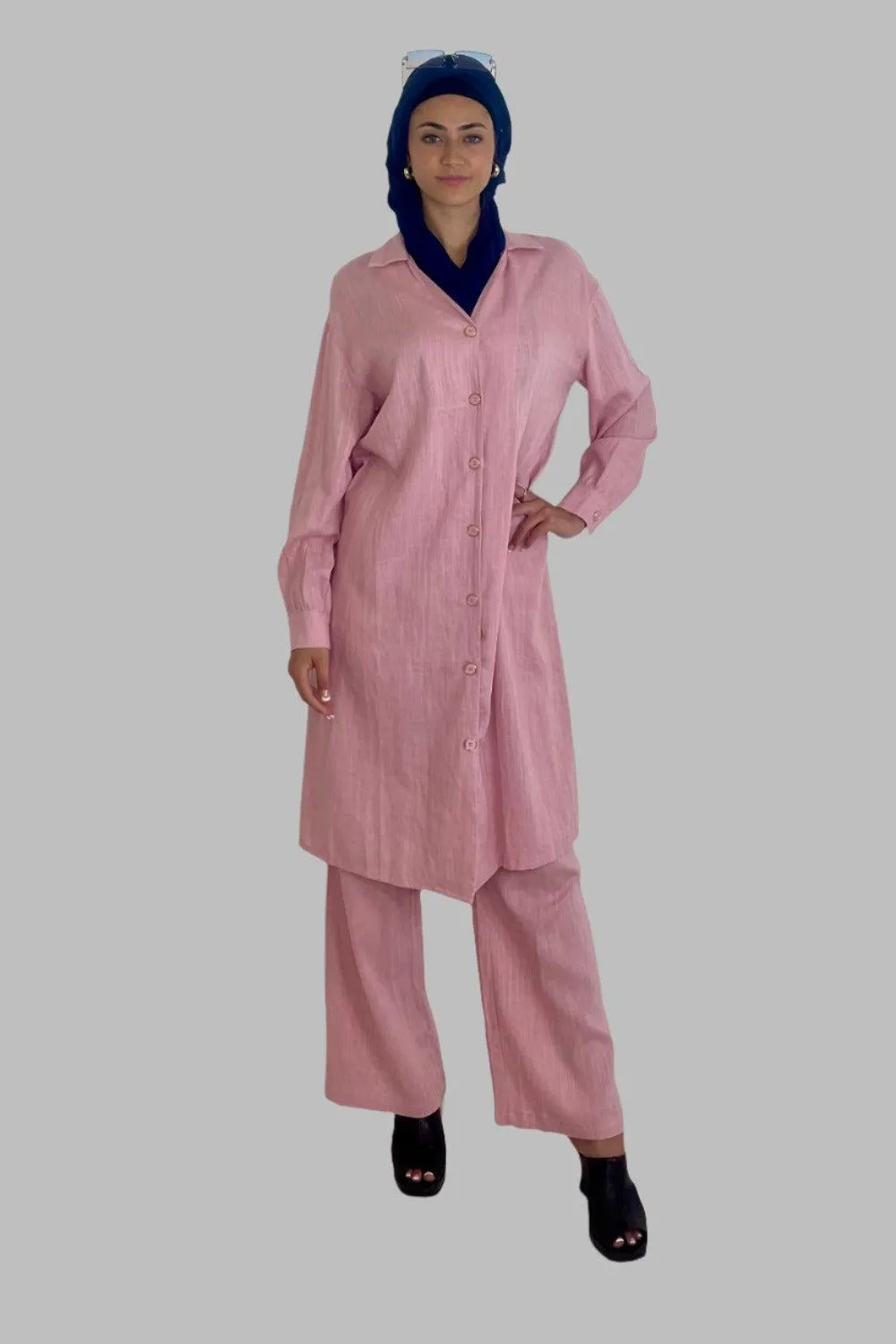 Deep V Neck Button Down Kurti And Wide Leg Trousers Traditional Coord Set
