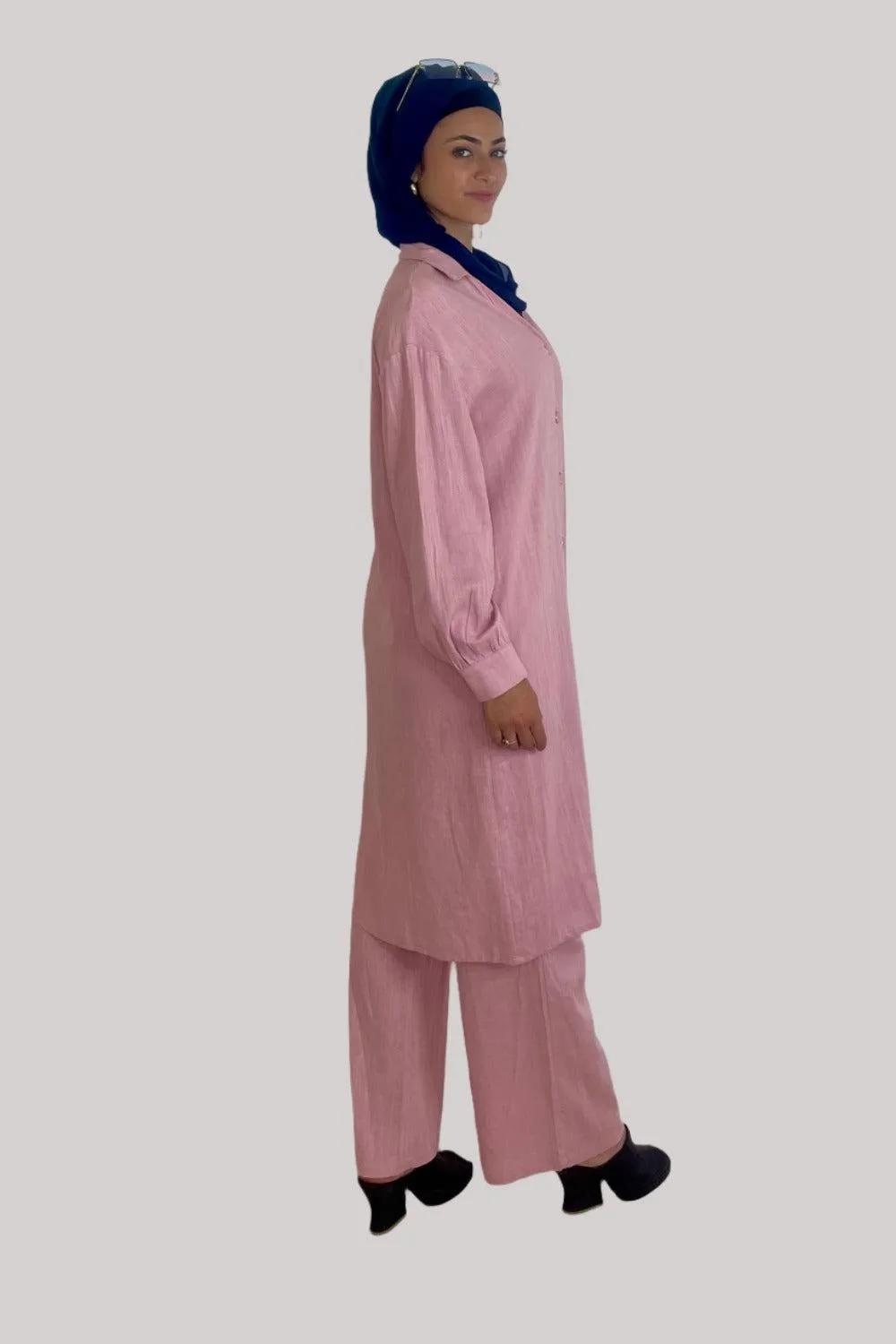 Deep V Neck Button Down Kurti And Wide Leg Trousers Traditional Coord Set