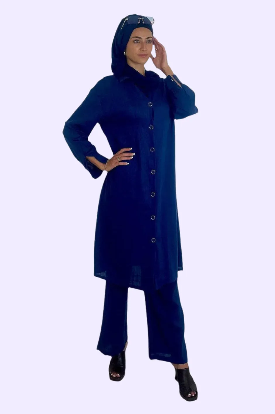 Deep V Neck Button Down Kurti And Wide Leg Trousers Traditional Coord Set