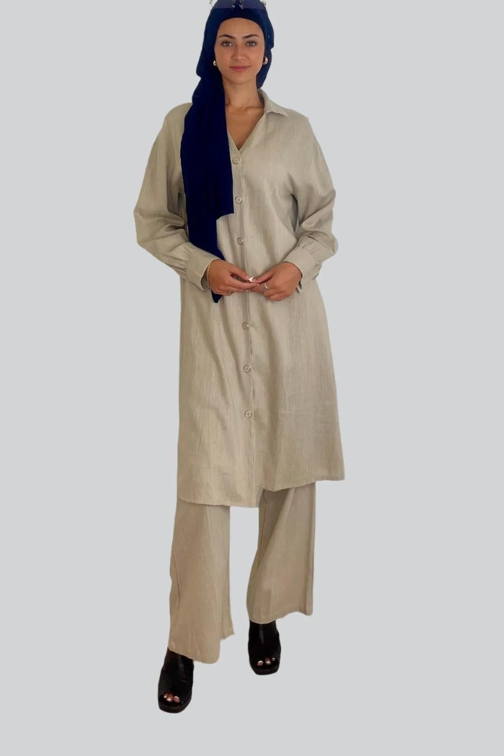 Deep V Neck Button Down Kurti And Wide Leg Trousers Traditional Coord Set