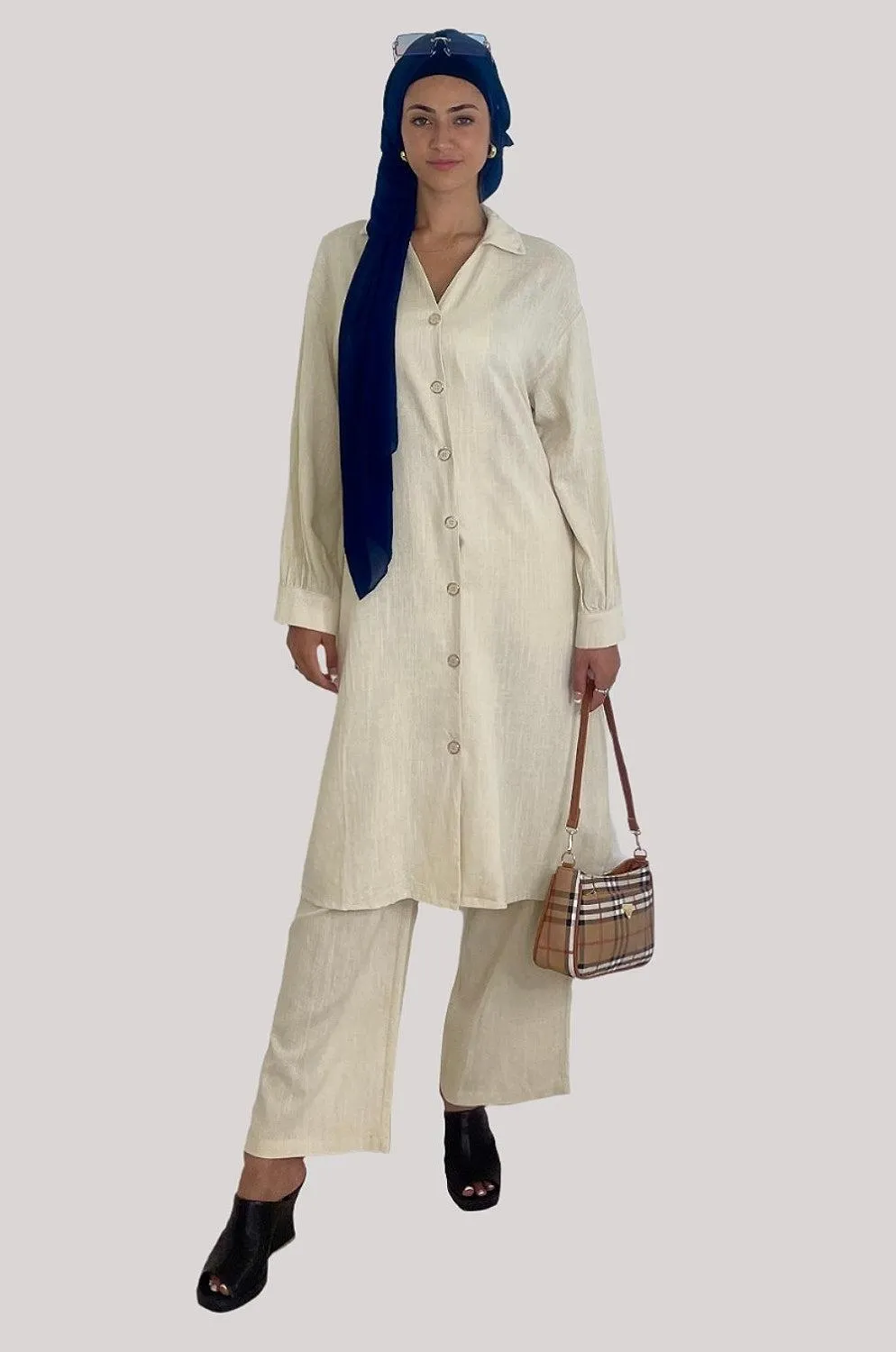 Deep V Neck Button Down Kurti And Wide Leg Trousers Traditional Coord Set