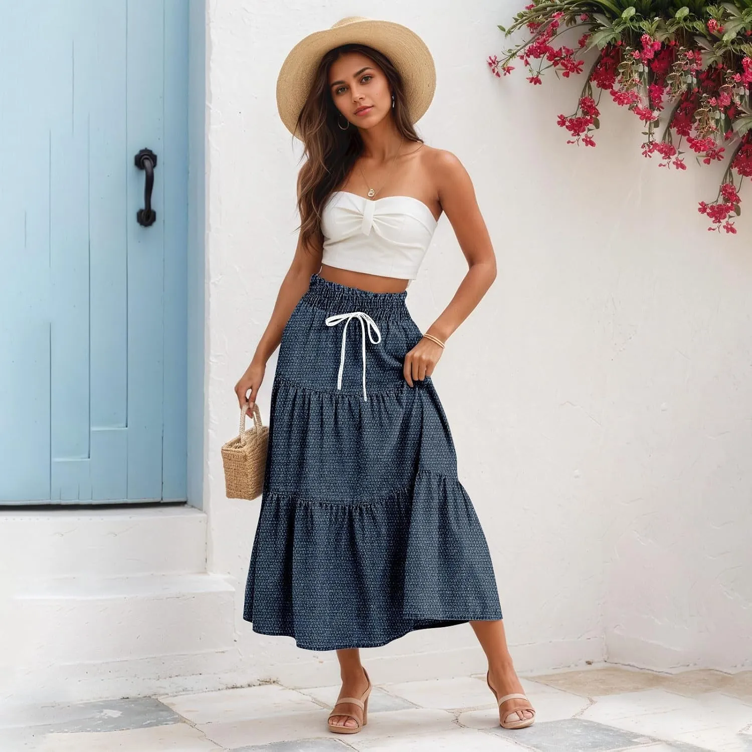 Denim Dress for Women, Summer Retro Elastic High Waist Tie Frayed A-Line Maxi Denim Skirt with Pockets