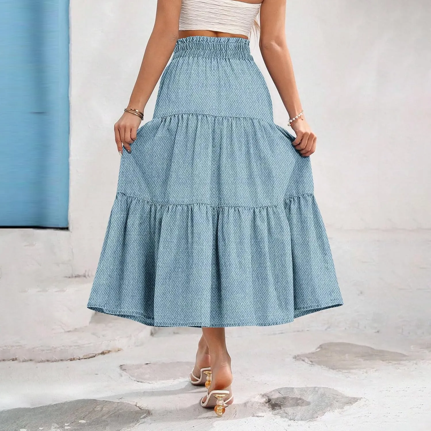 Denim Dress for Women, Summer Retro Elastic High Waist Tie Frayed A-Line Maxi Denim Skirt with Pockets