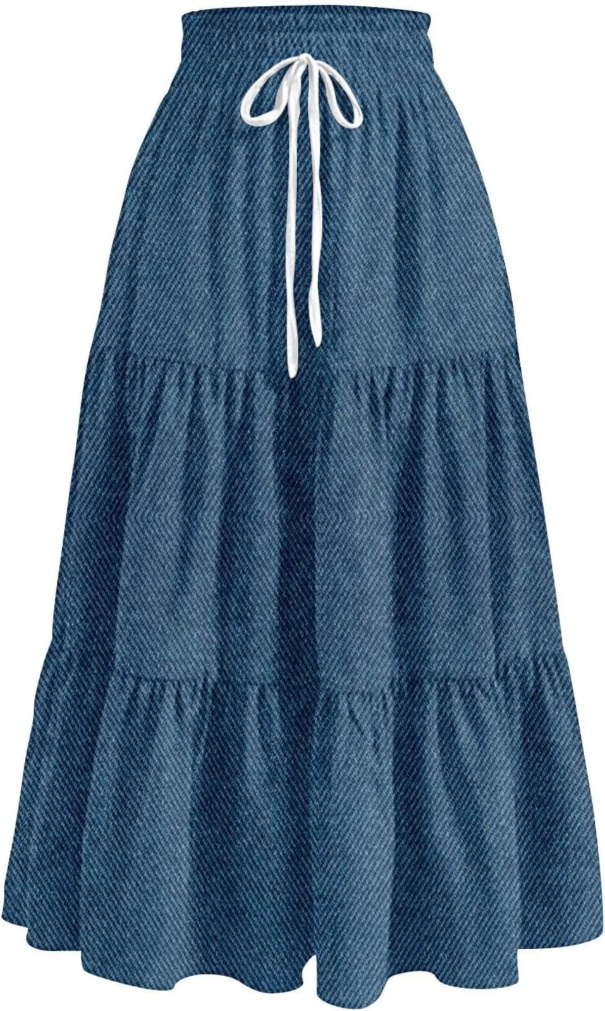 Denim Dress for Women, Summer Retro Elastic High Waist Tie Frayed A-Line Maxi Denim Skirt with Pockets