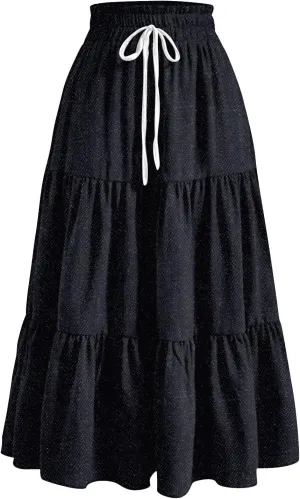 Denim Dress for Women, Summer Retro Elastic High Waist Tie Frayed A-Line Maxi Denim Skirt with Pockets