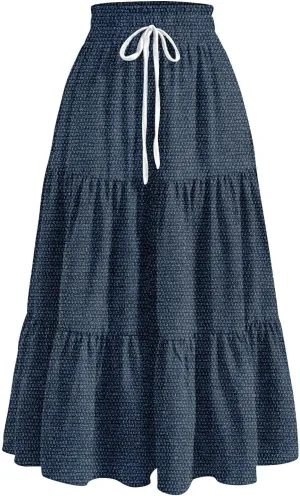 Denim Dress for Women, Summer Retro Elastic High Waist Tie Frayed A-Line Maxi Denim Skirt with Pockets