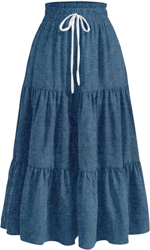 Denim Dress for Women, Summer Retro Elastic High Waist Tie Frayed A-Line Maxi Denim Skirt with Pockets