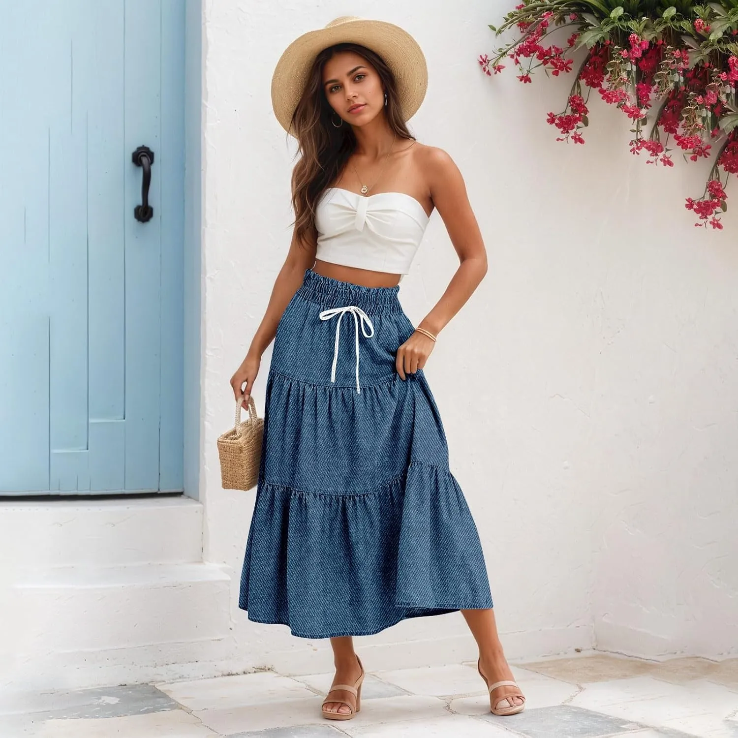 Denim Dress for Women, Summer Retro Elastic High Waist Tie Frayed A-Line Maxi Denim Skirt with Pockets