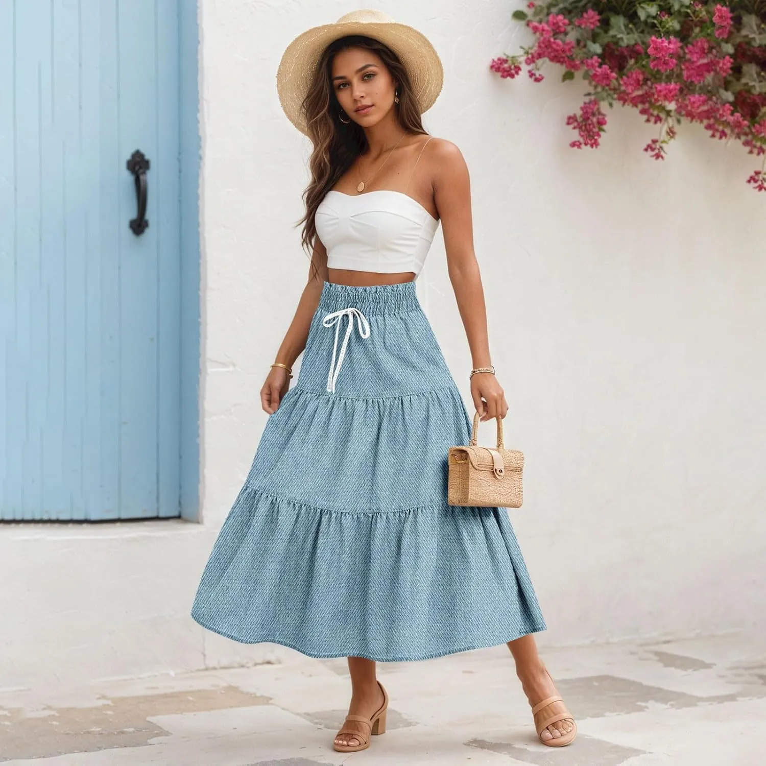 Denim Dress for Women, Summer Retro Elastic High Waist Tie Frayed A-Line Maxi Denim Skirt with Pockets